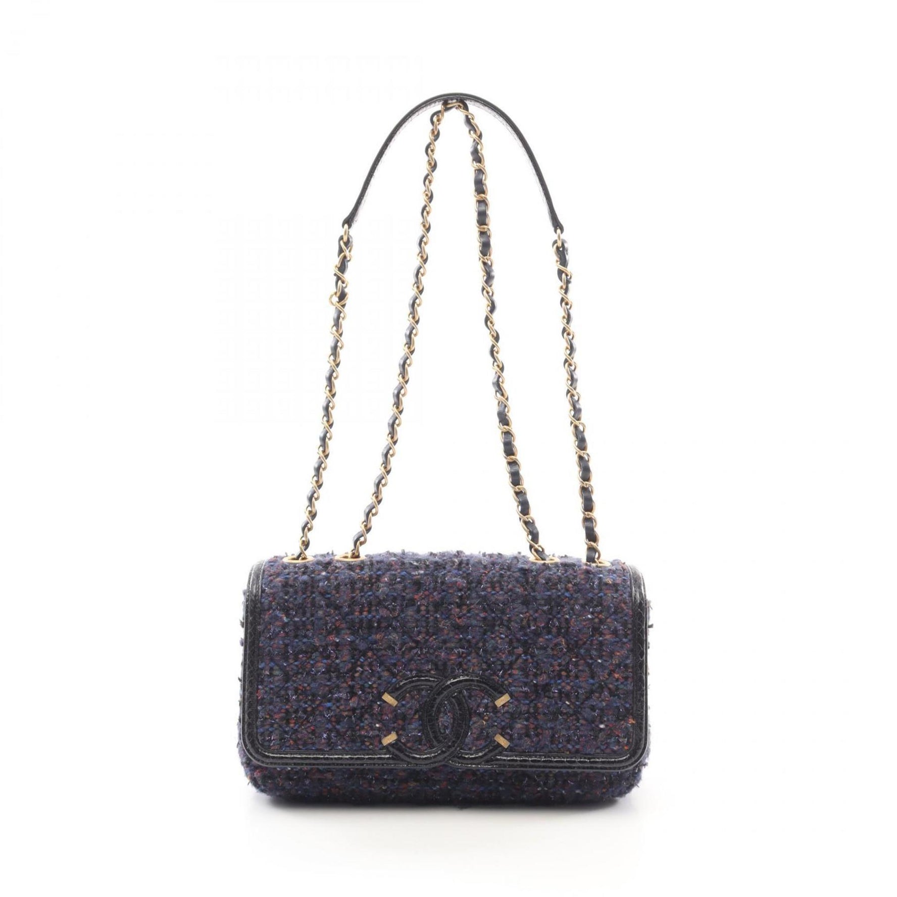 CHANEL CC Filigree Shoulder Bag Fabric Exotic Leather Navy Multicolor