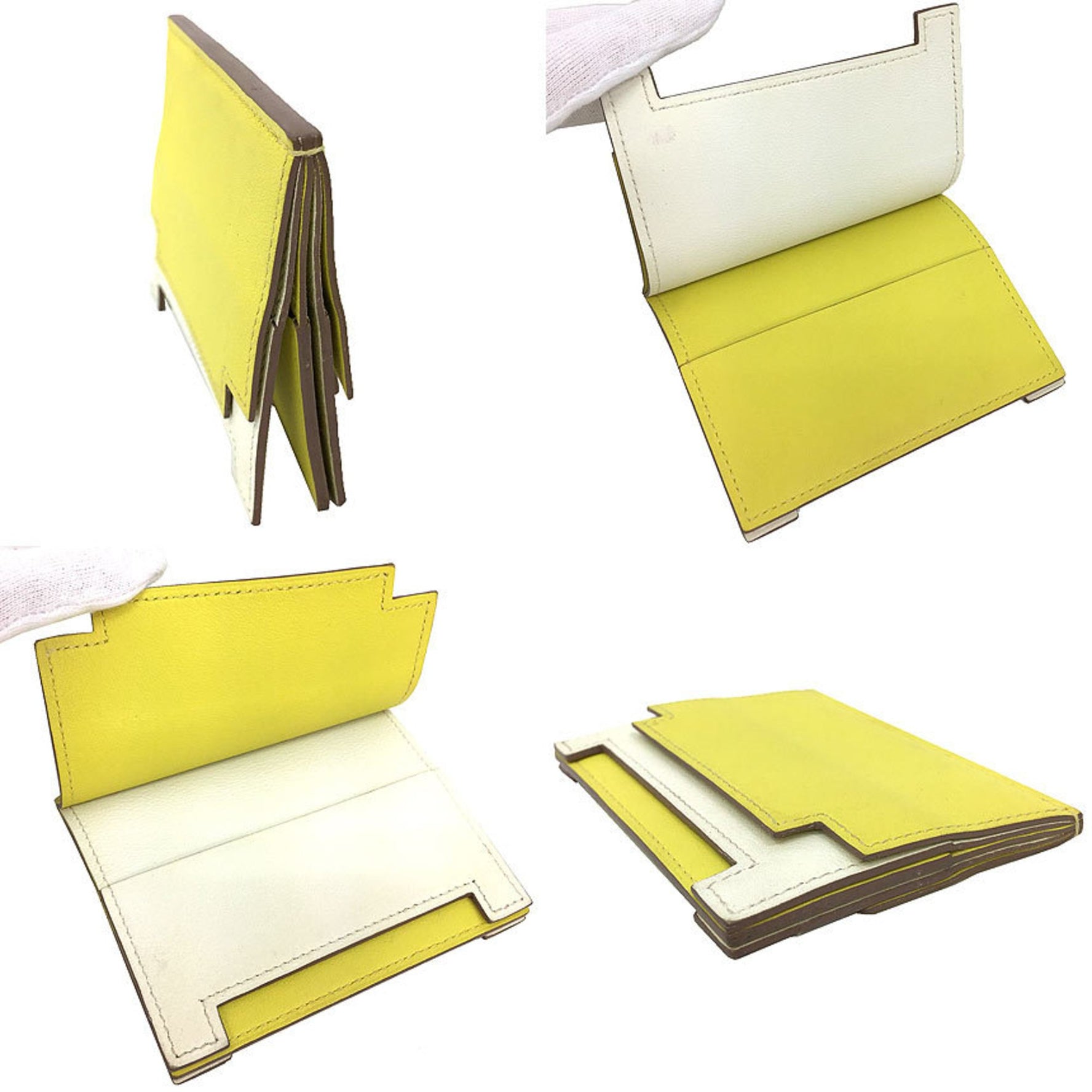 HERMES Multipris Card Case Business Holder Pass Bicolor C Stamped Swift Leather Yellow x White Wallet