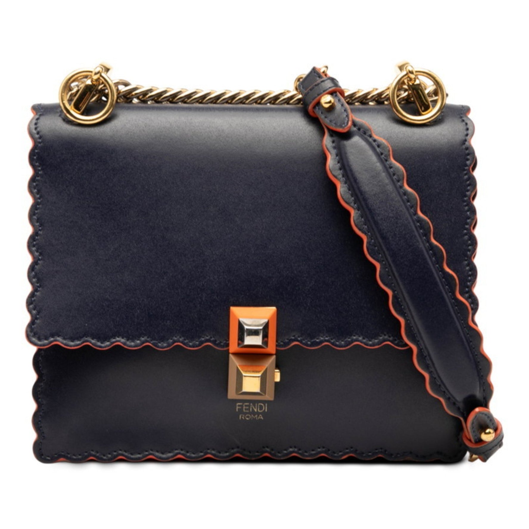 Fendi Canai Chain Shoulder Bag Navy Orange Leather