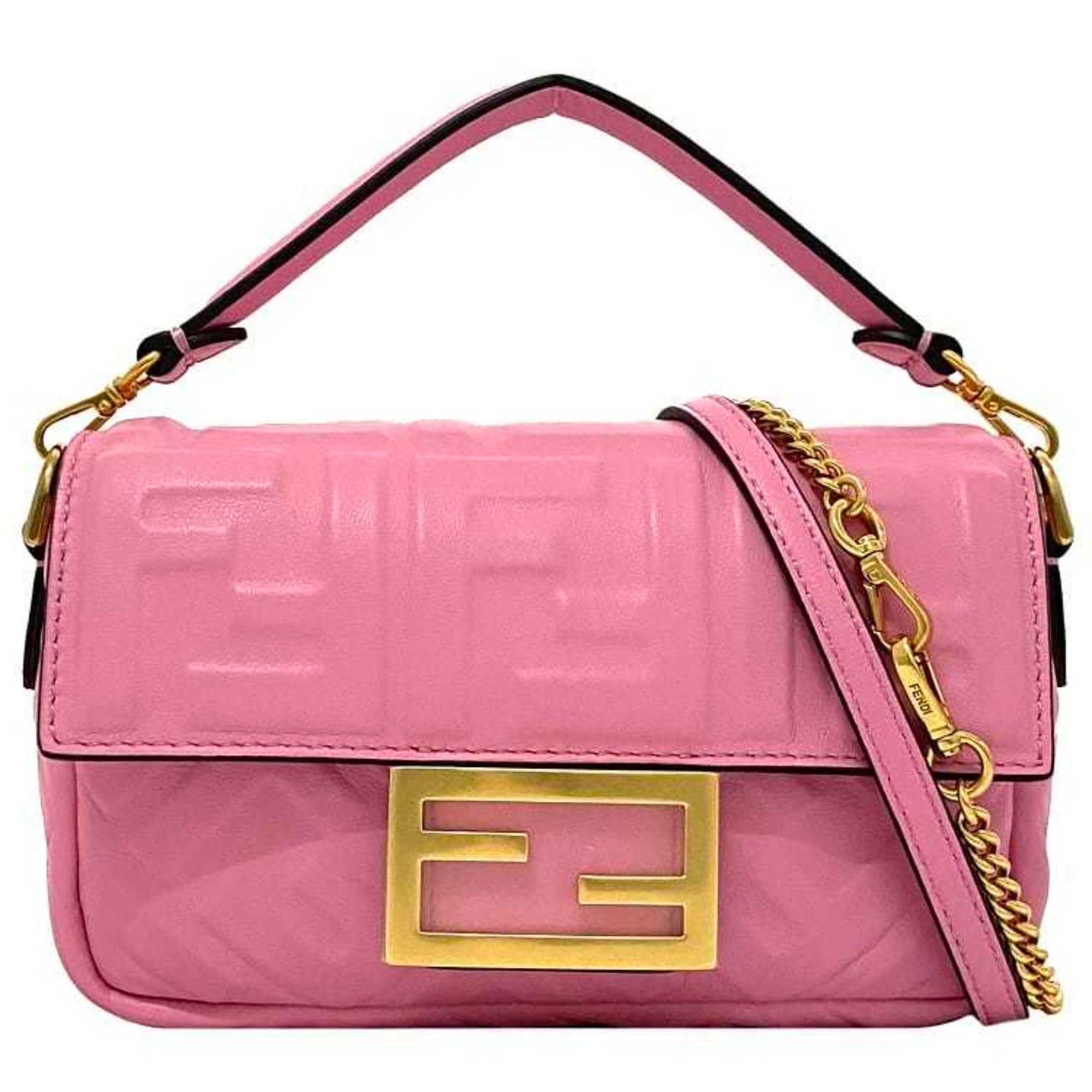 Fendi Baguette Small Gold Leather GP Shoulder Bag FF Embossed Ladies Chain