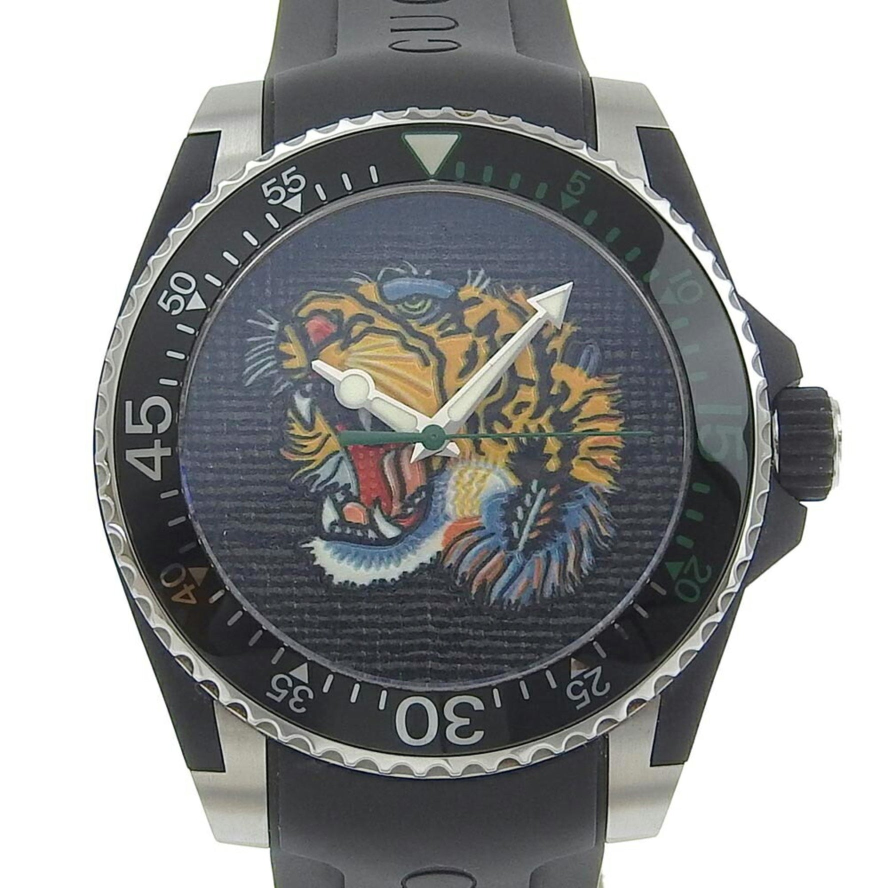 Gucci Dive 136 3 Black Dial Stainless Steel Rubber Quartz Battery Wristwatch Tiger Animal