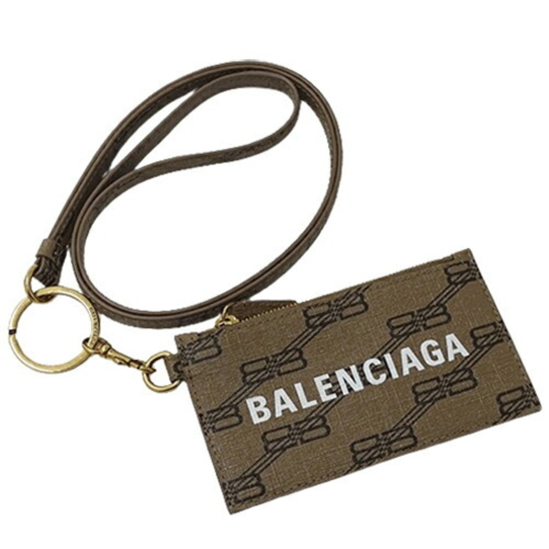 BALENCIAGA Wallet and Men Signature Fragment Case Coin Card Coated Canvas Light Brown with Neck Strap