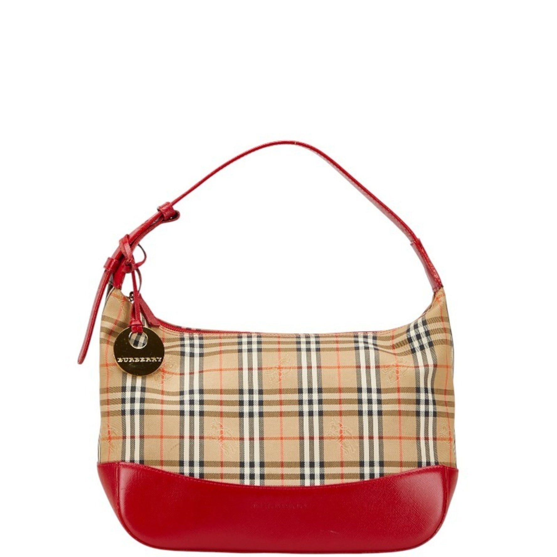 Burberry Nova Check Shadow Horse One-Shoulder Bag in Red and Multicolor Leather Canvas.