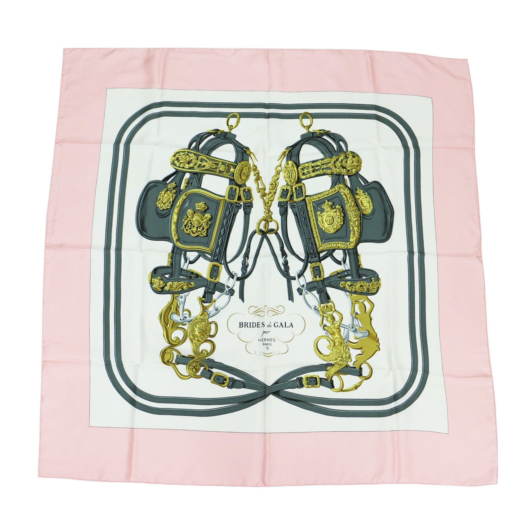 HERMES Scarf Muffler Pink White Carré 90 Brides de Gala Silk BRIDES GALA Ceremonial Bridle