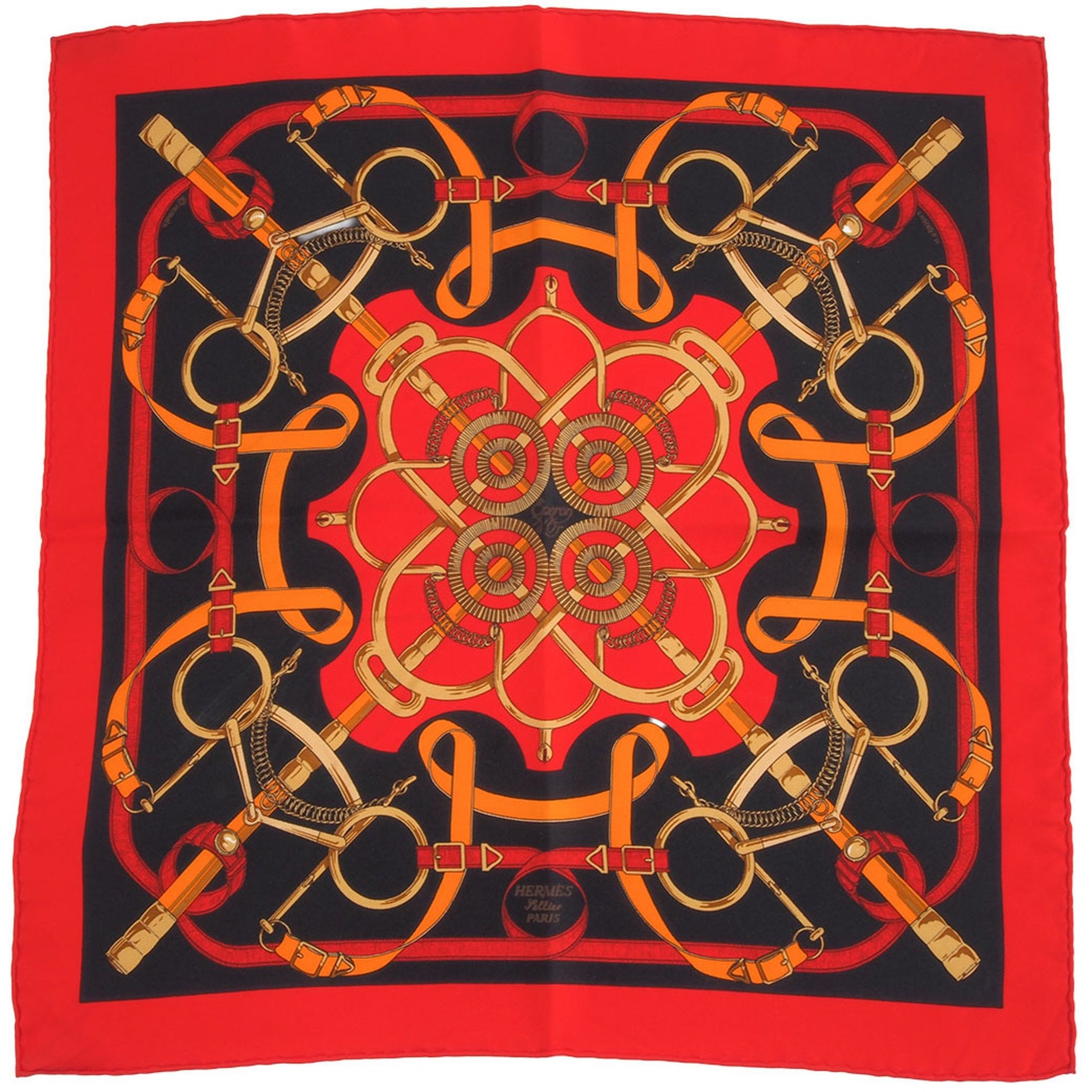 Hermes Carre 45 Petit Golden Spur Eperon Dor Scarf Muffler 100% Silk Red Black