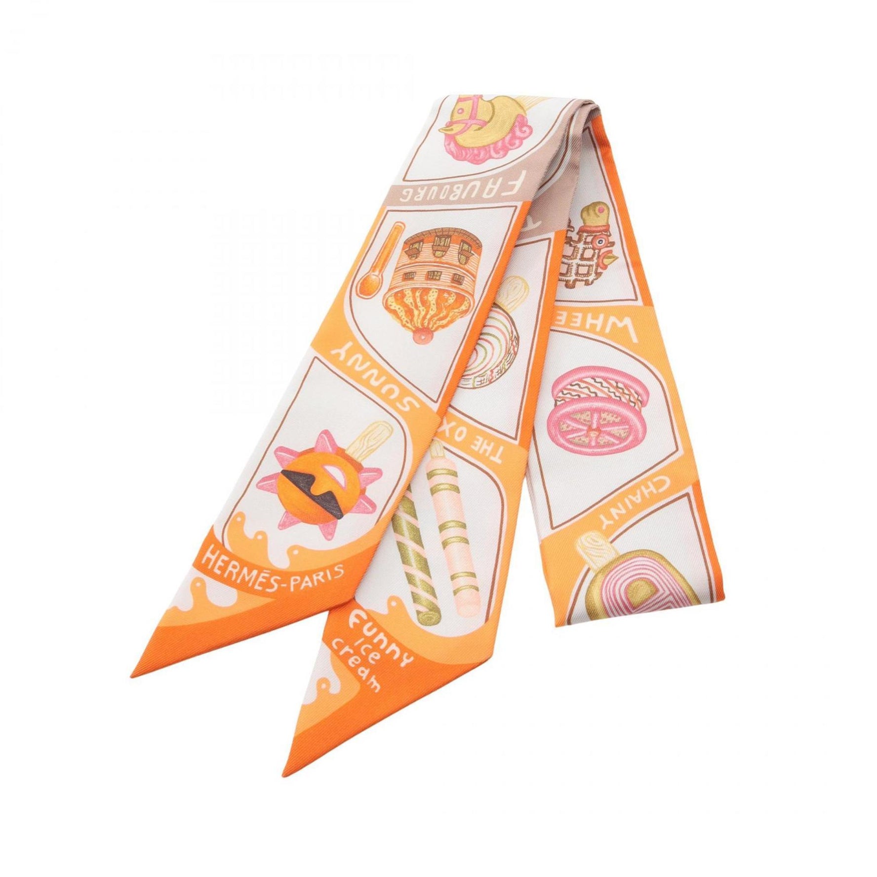 Hermes Hermès Twilly FUNNY ICE CREAM Silk Scarf in White, Orange, and Multicolor
