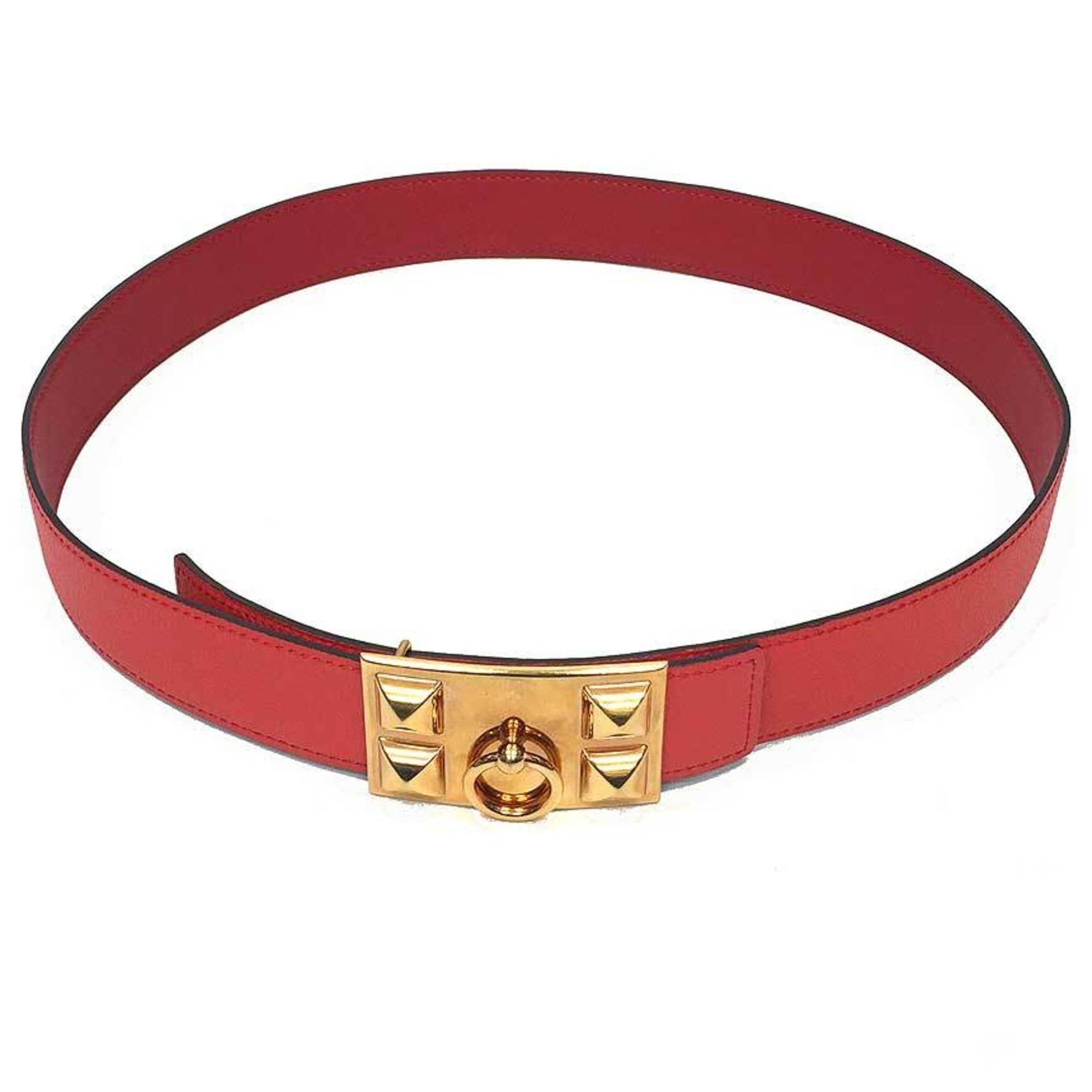 Hermes Leather Belt Medor Collier de Chien Reversible Size 80 Coral x Red T Mark Box Calf Epsom