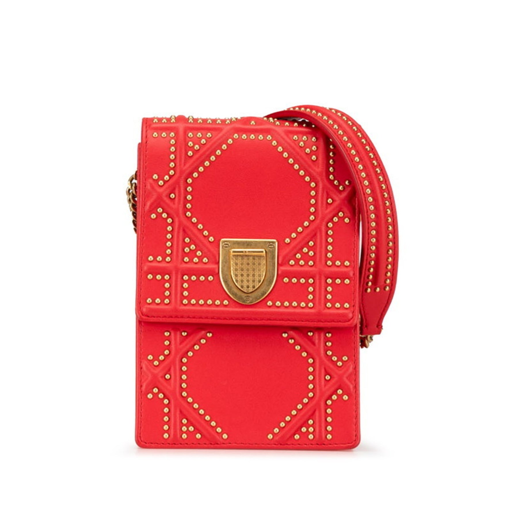 Christian Dior Dior Diorama Stud Chain Shoulder Bag Red Gold Leather