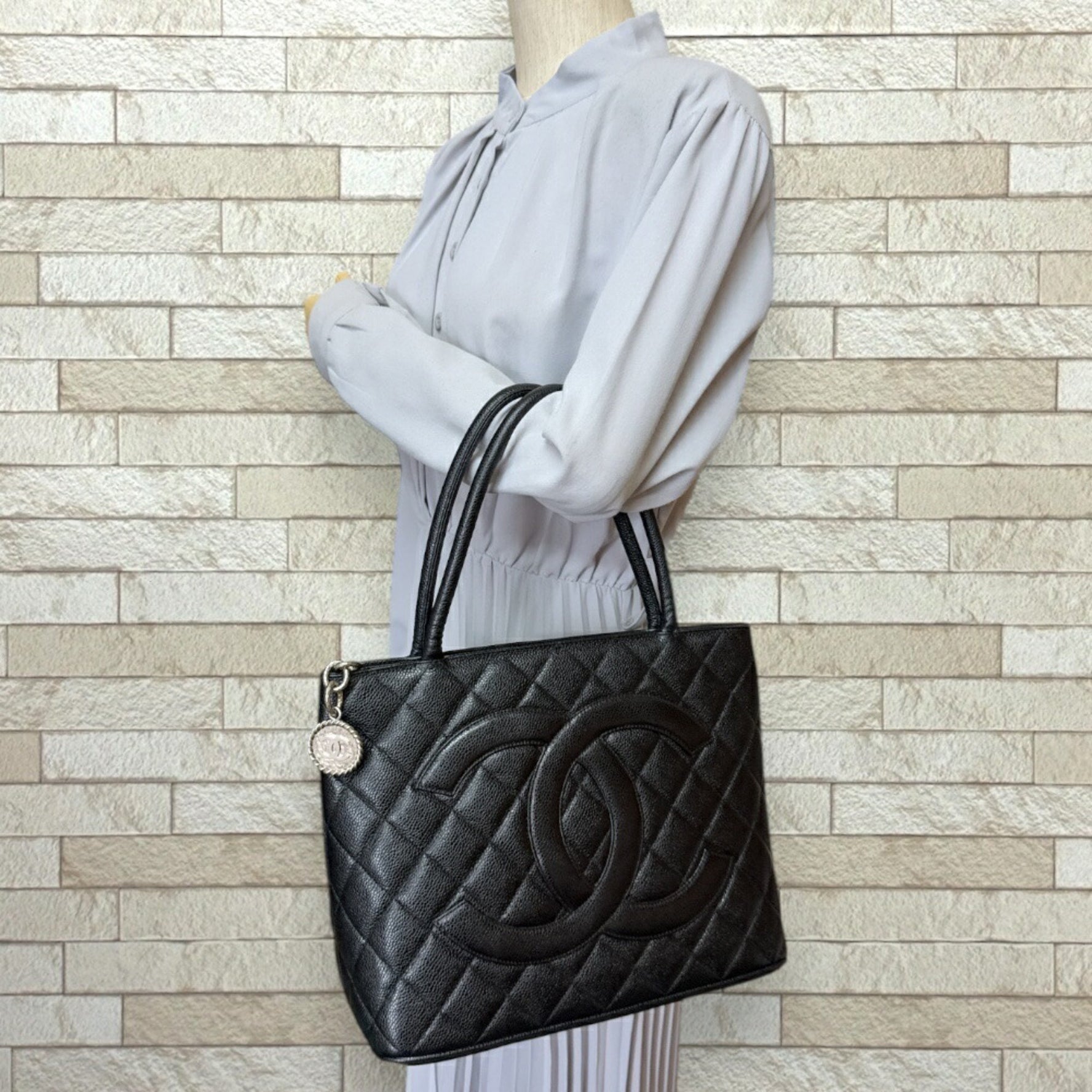 CHANEL Reproduction Tote Bag Caviar Skin Black Women's