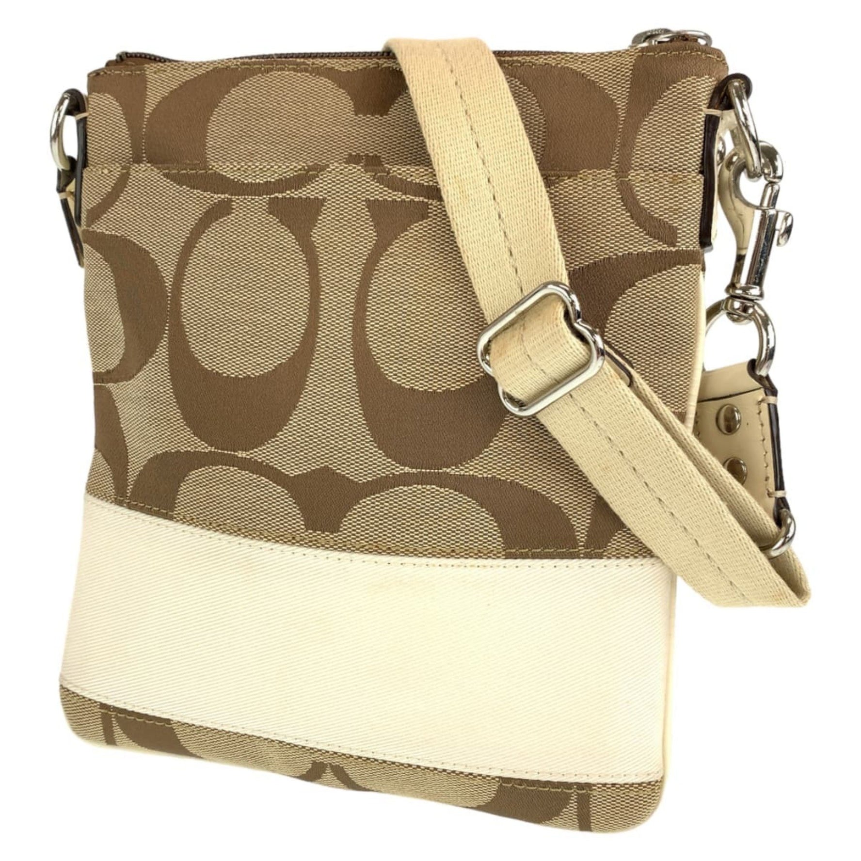COACH Signature Beige Brown Silver Hardware Canvas Shoulder Bag Pochette Crossbody