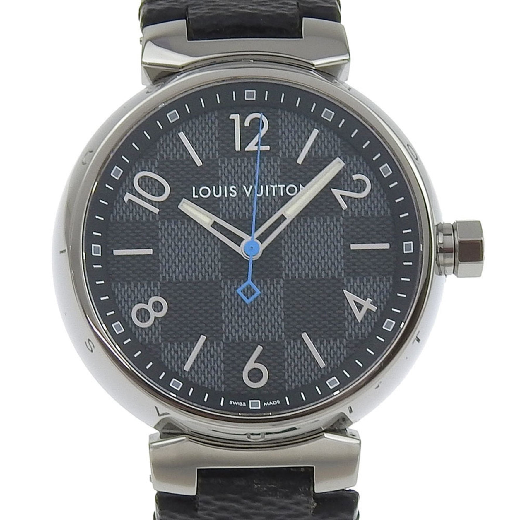 Louis Vuitton Tambour GM Watch Stainless Steel x Monogram Eclipse Canvas Quartz Analog Display Black Dial