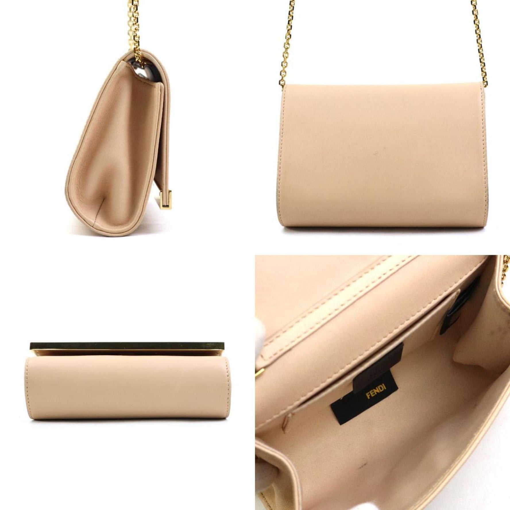 FENDI Shoulder Bag Leather Metal Pink Beige Gold
