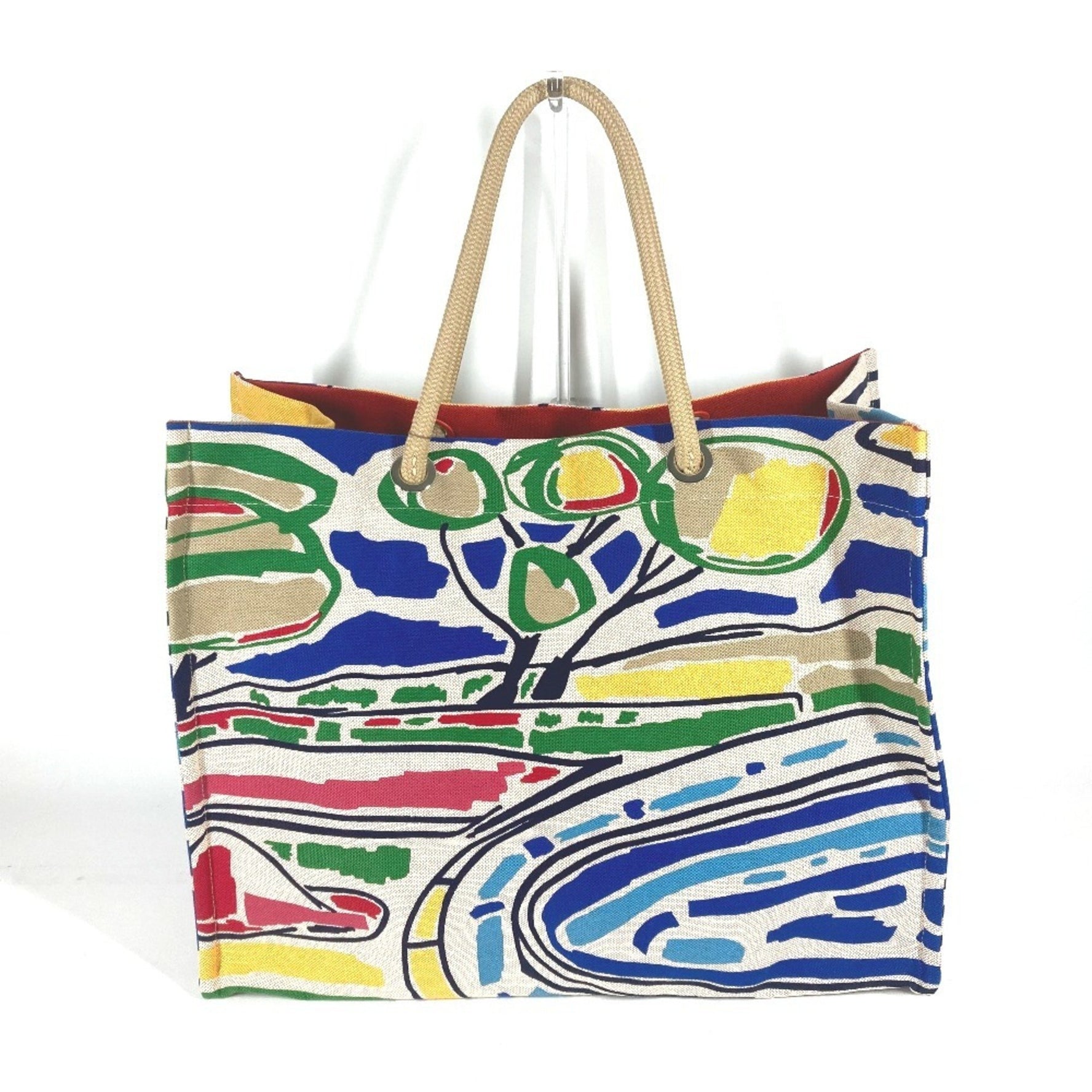 HERMES Beach Bag Farniente Tote Shoulder Canvas Rouge Jaune Multicolor