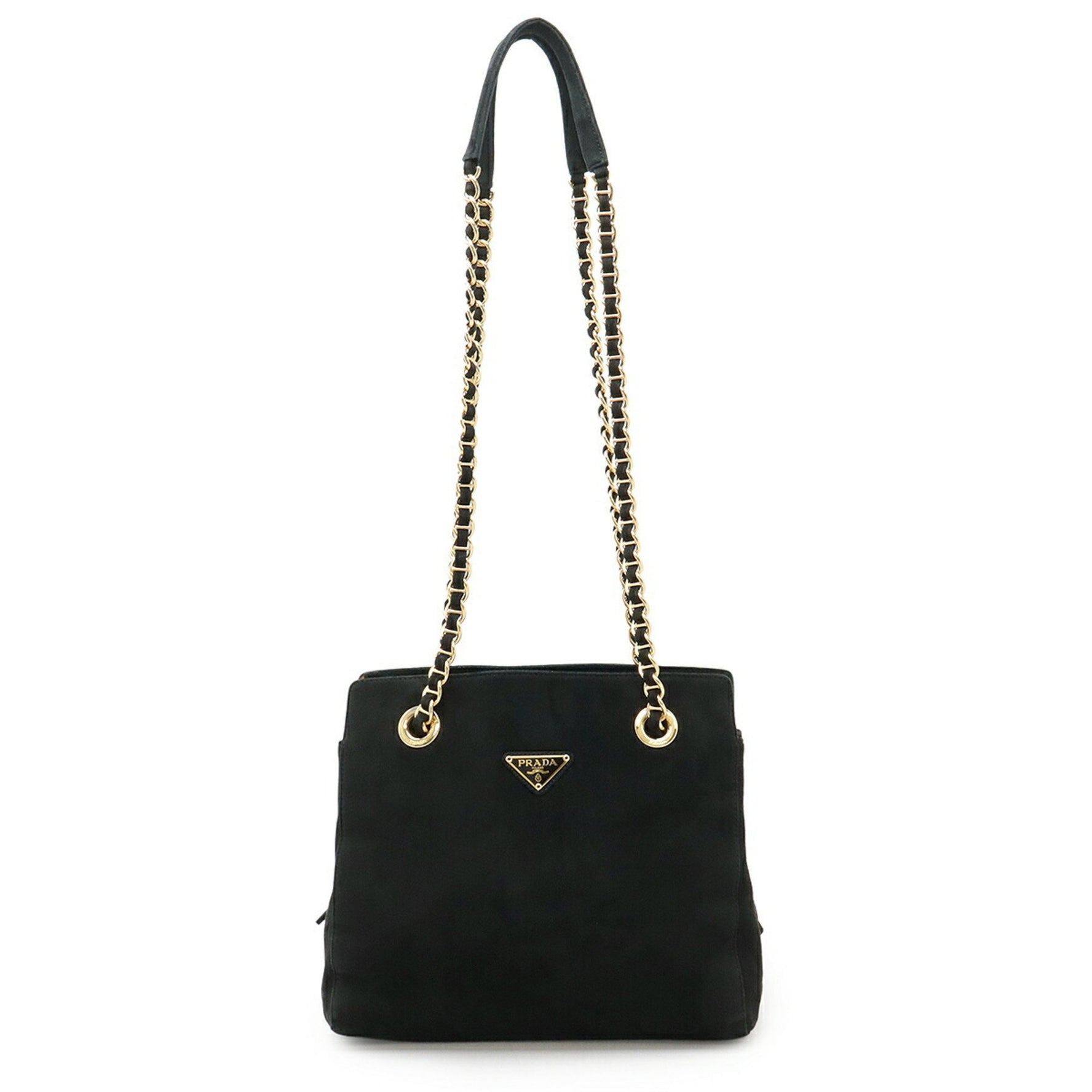 PRADA Triangle Chain Tote Shoulder Bag Suede NERO Black