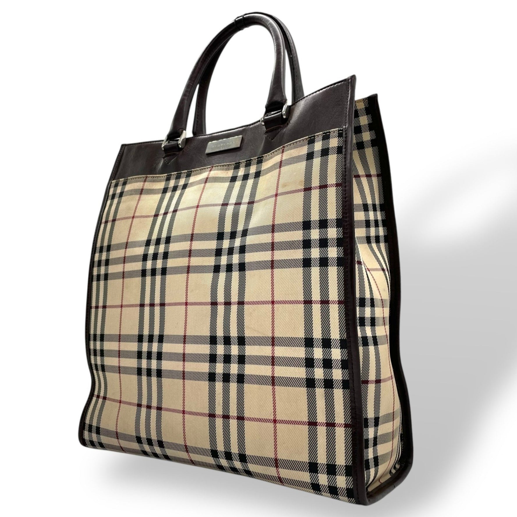 Burberry Nova Check Handbag Tote Bag in Beige and Brown Canvas Leather with Silver Hardware Women