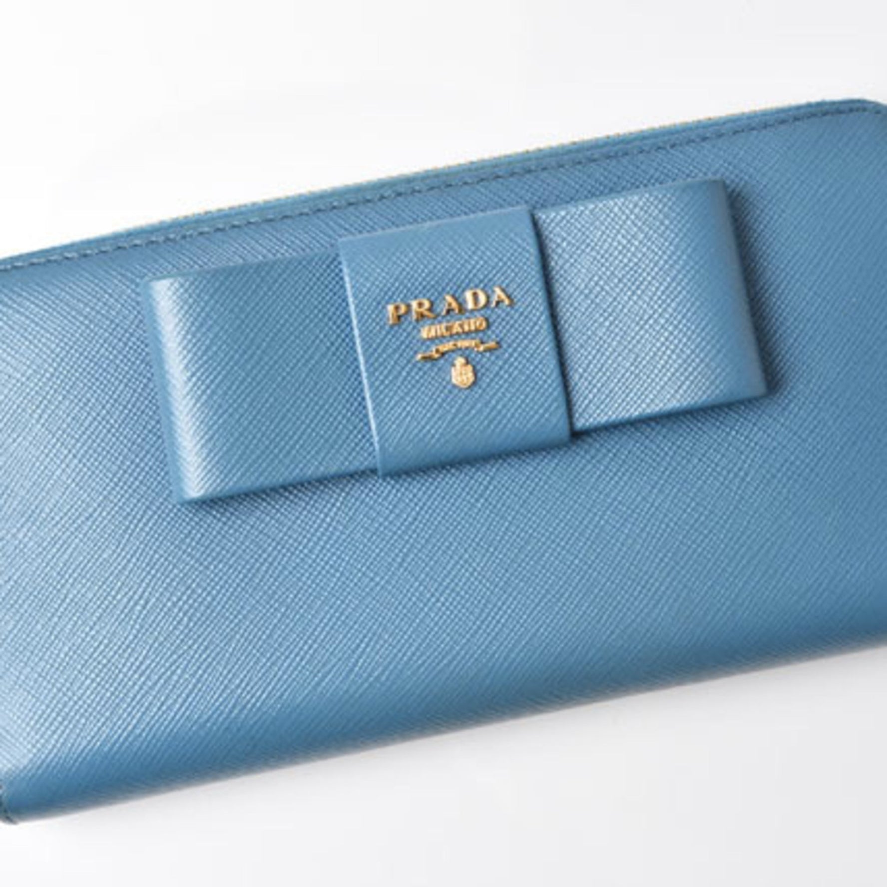PRADA Long Wallet SAFFIANO FIOCCO Embossed Leather Ribbon Motif Calfskin COBALTO Cobalt