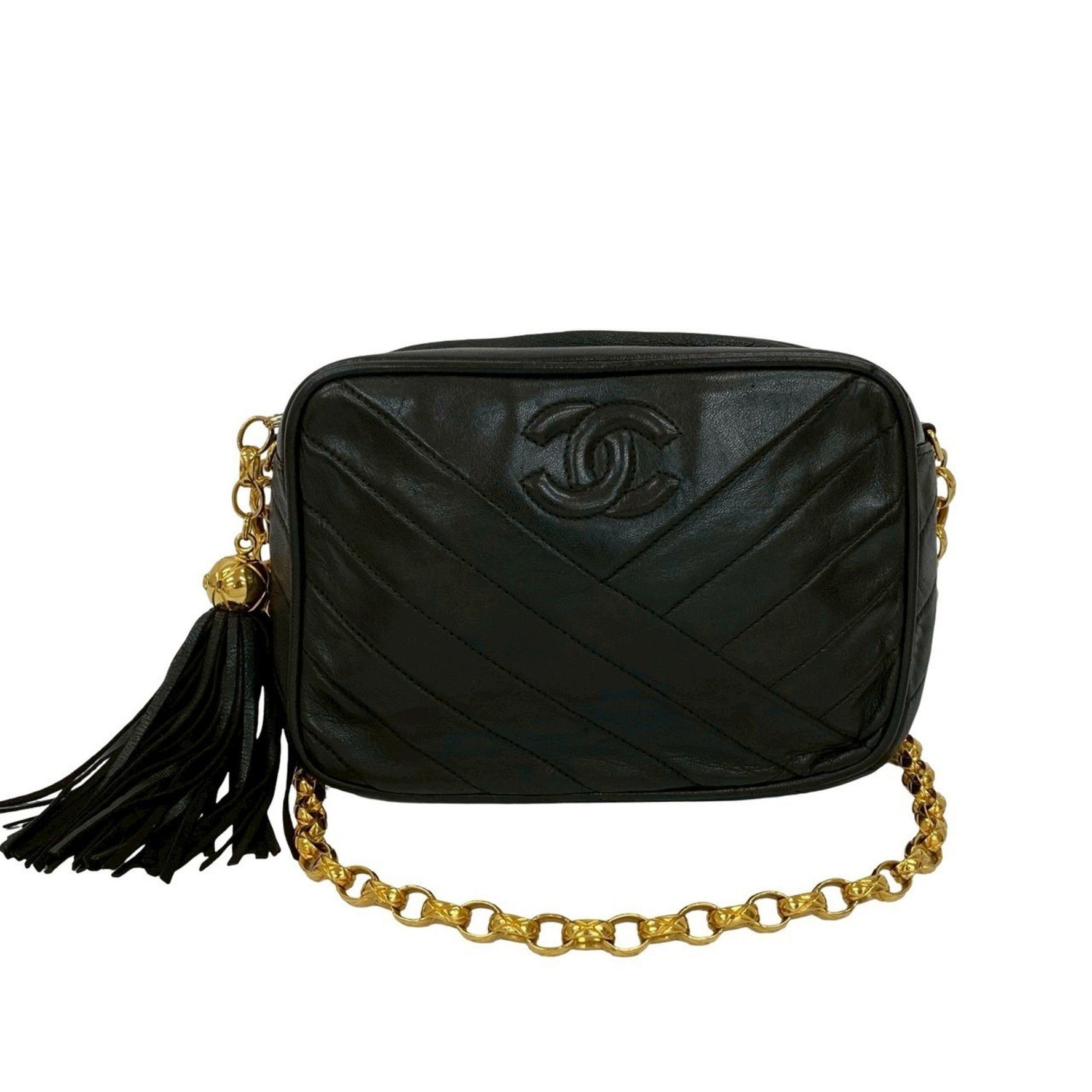 CHANEL Coco Mark V-Stitch Tassel Lambskin Chain Shoulder Bag