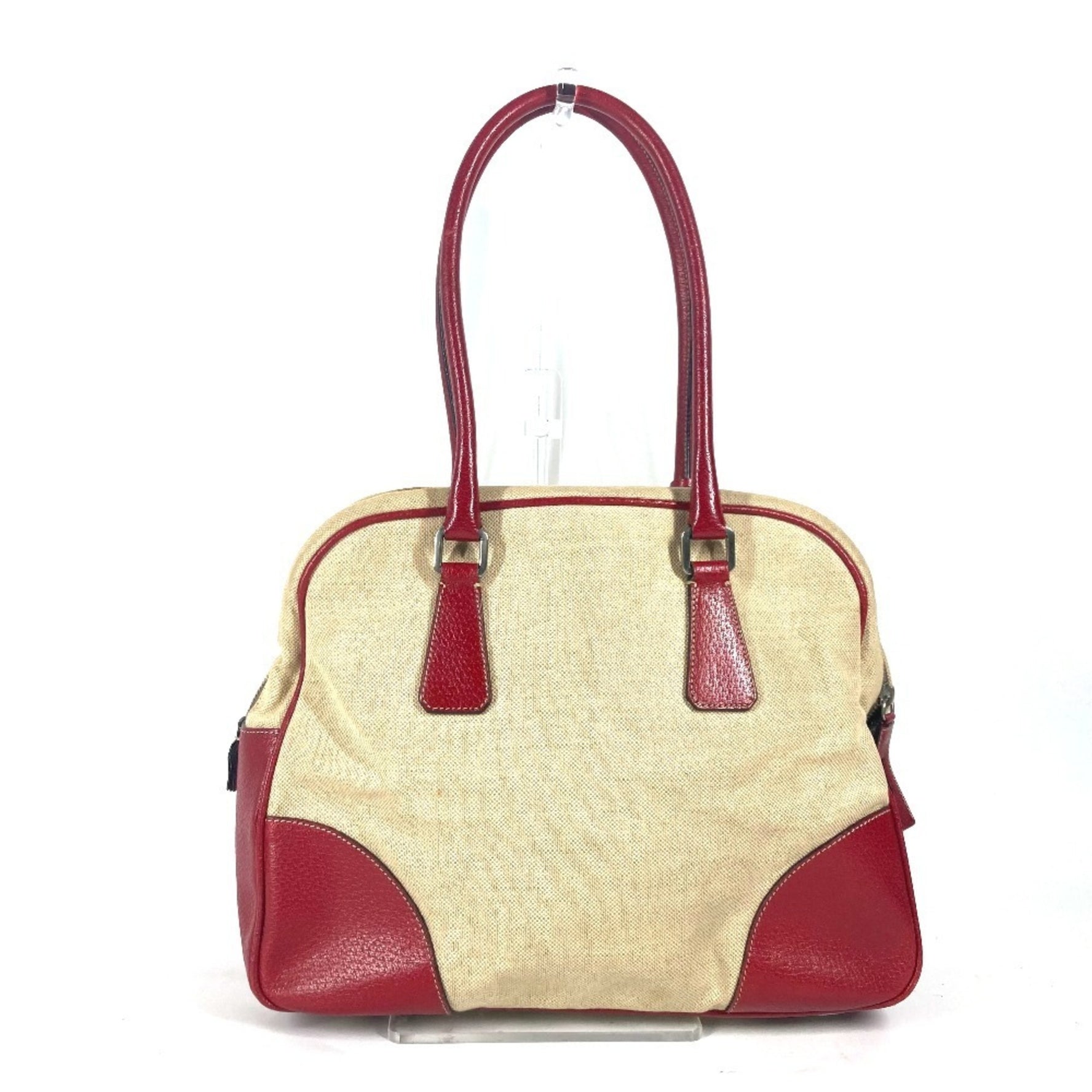 PRADA Bicolor Triangle Logo Plate Bag Shoulder Boston Leather Canvas Beige
