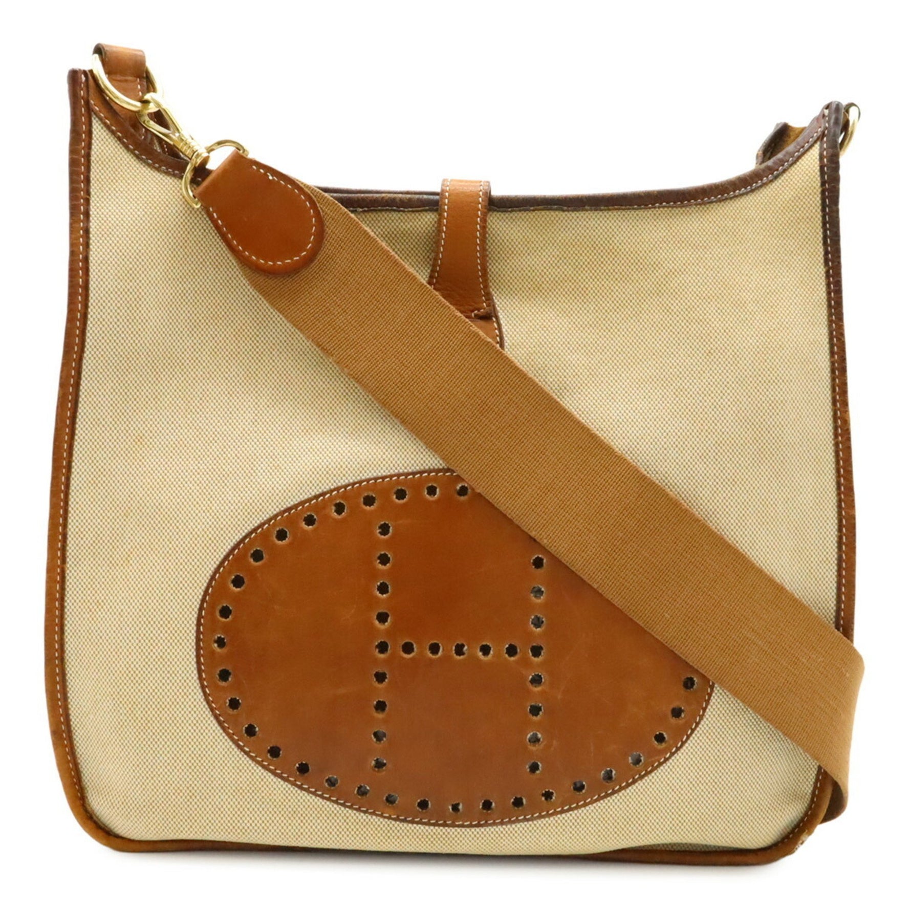 HERMES Evelyn I 1 GM Shoulder Bag Toile H Leather Natural Brown ○Z Stamp