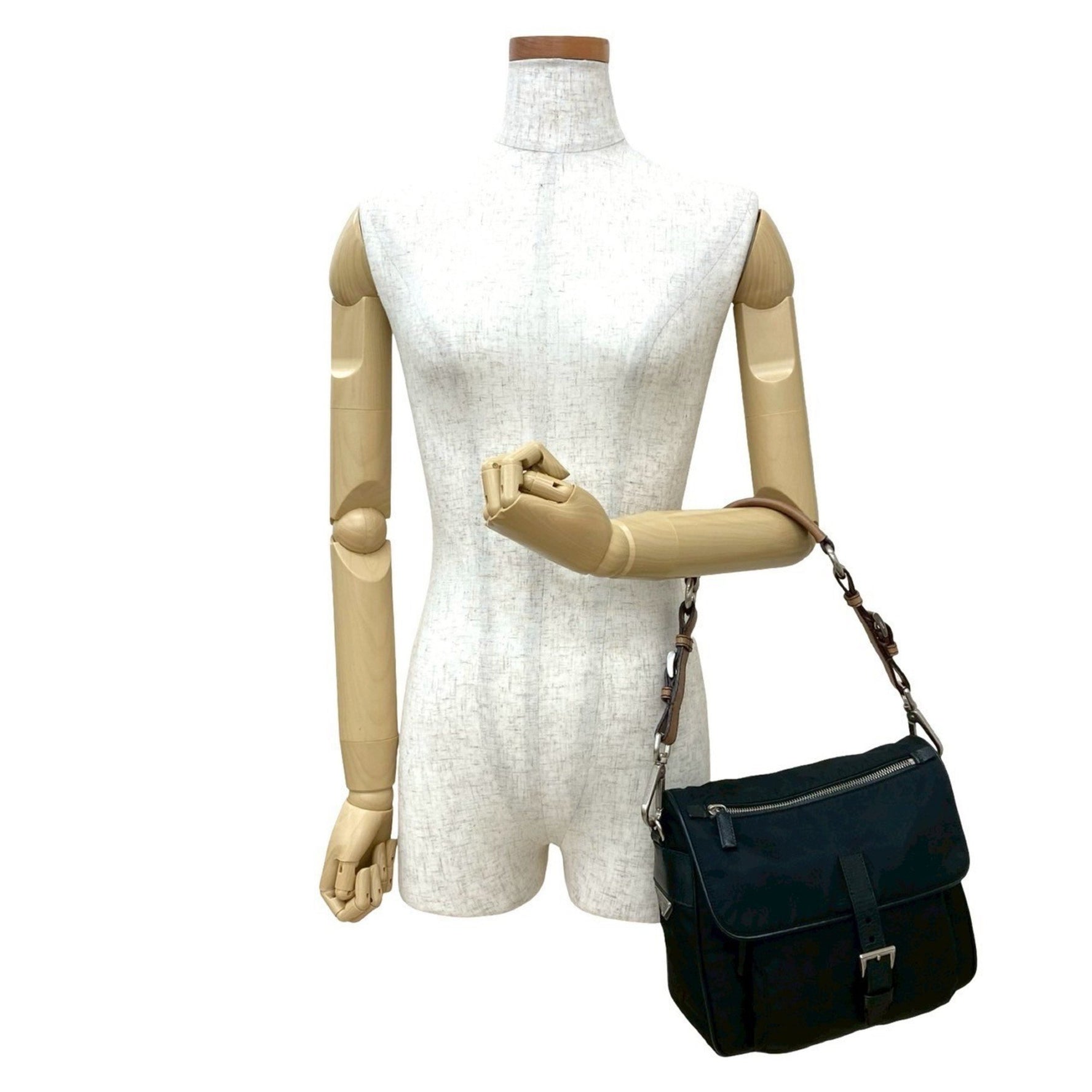 PRADA Triangle Logo Hardware Saffiano Leather and Nylon Handbag One Shoulder Bag Black Brown