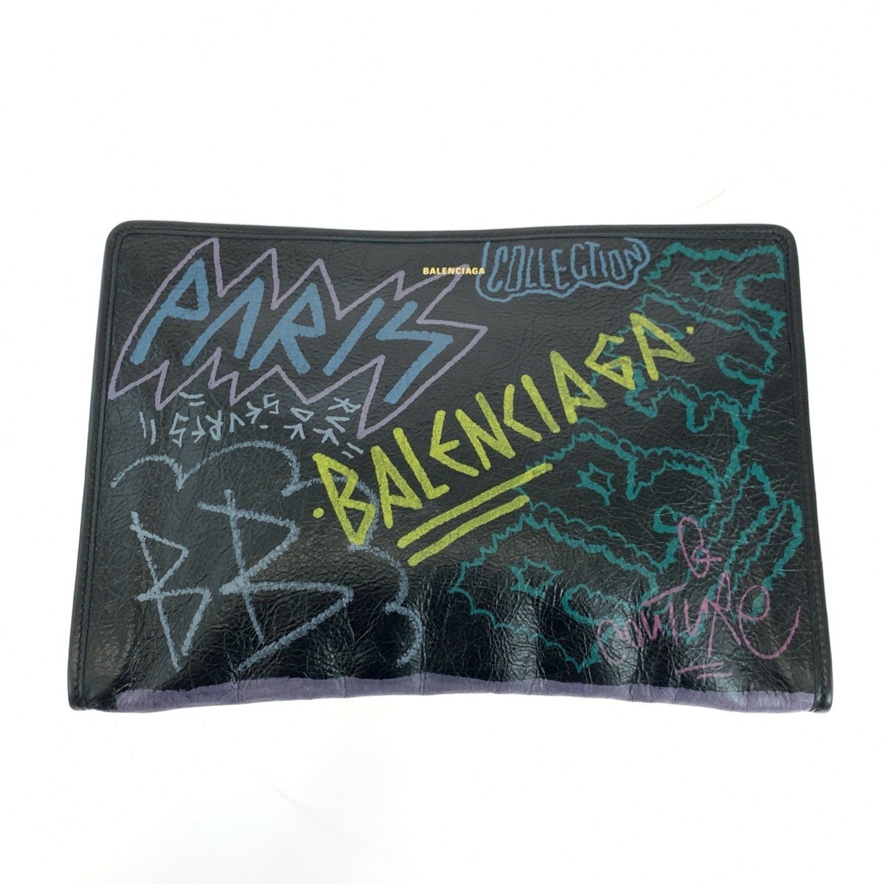 BALENCIAGA Graffiti Print Black Multicolor Silver Hardware Leather 1060 Clutch Bag Second