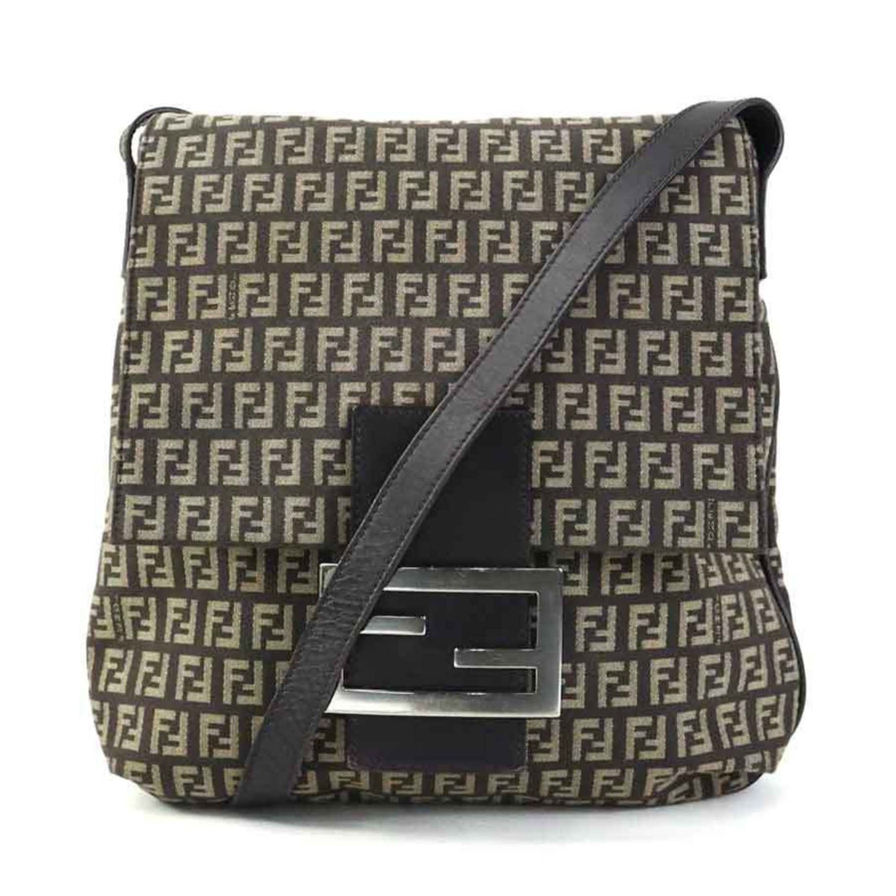 FENDI Shoulder Bag Zucchino Canvas Leather Silver
