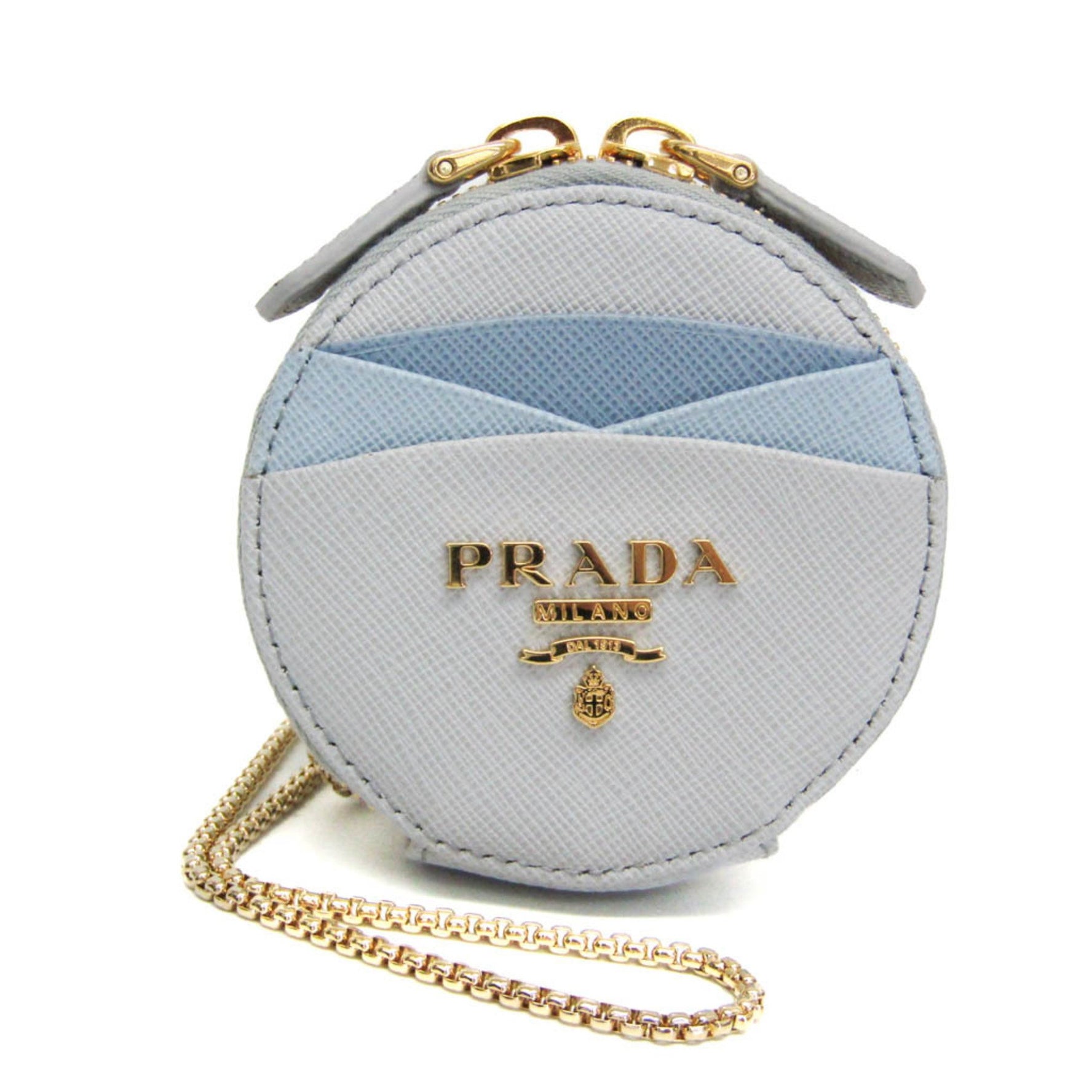 Prada Saffiano Chain Strap Included Leather Coin Purse/coin Case Blue,Light Blue Gray