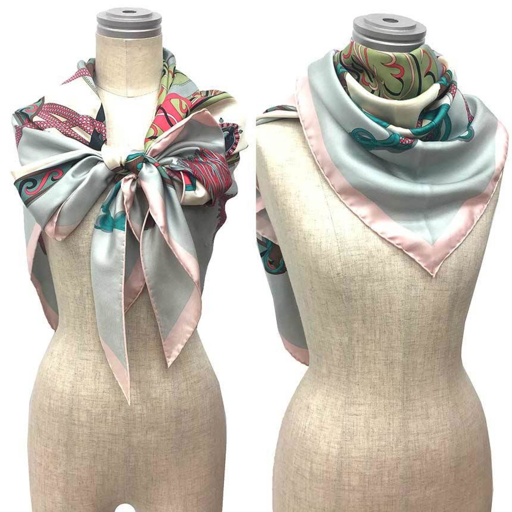 HERMES POINTU TWILL FESTIVAL DES AMAZONES 02 Triangle Scarf/Bandana in Black/Gris Perle/Crème. A preserved Hermès scarf/muffler.