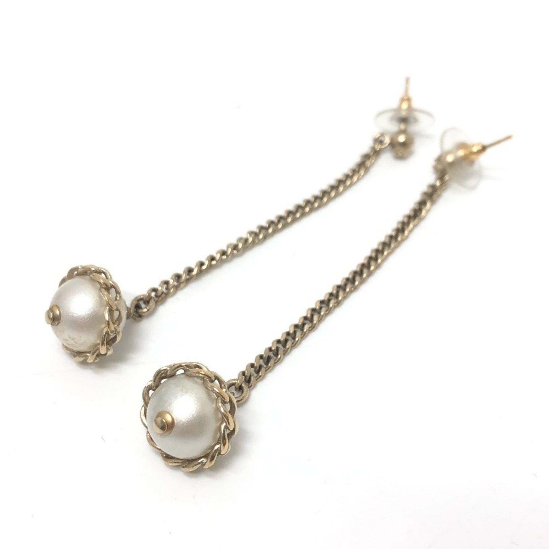 CHANEL Faux Pearl Chain Earrings Metal Gold