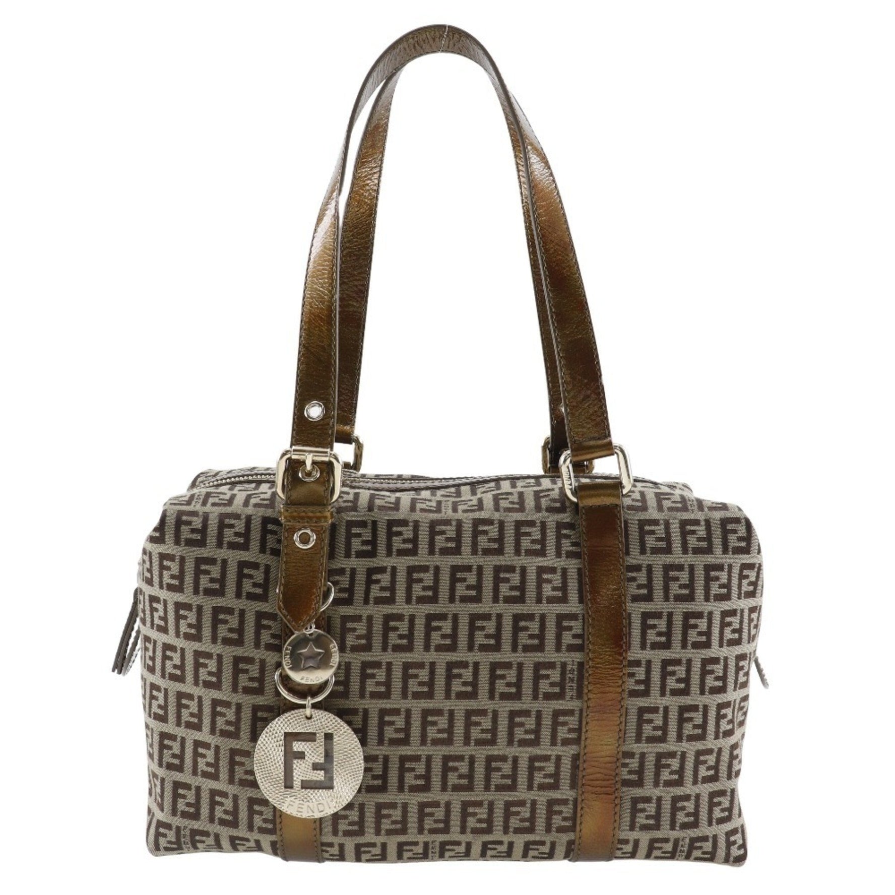 FENDI Zucca Shoulder Bag Boston Nylon Canvas Double