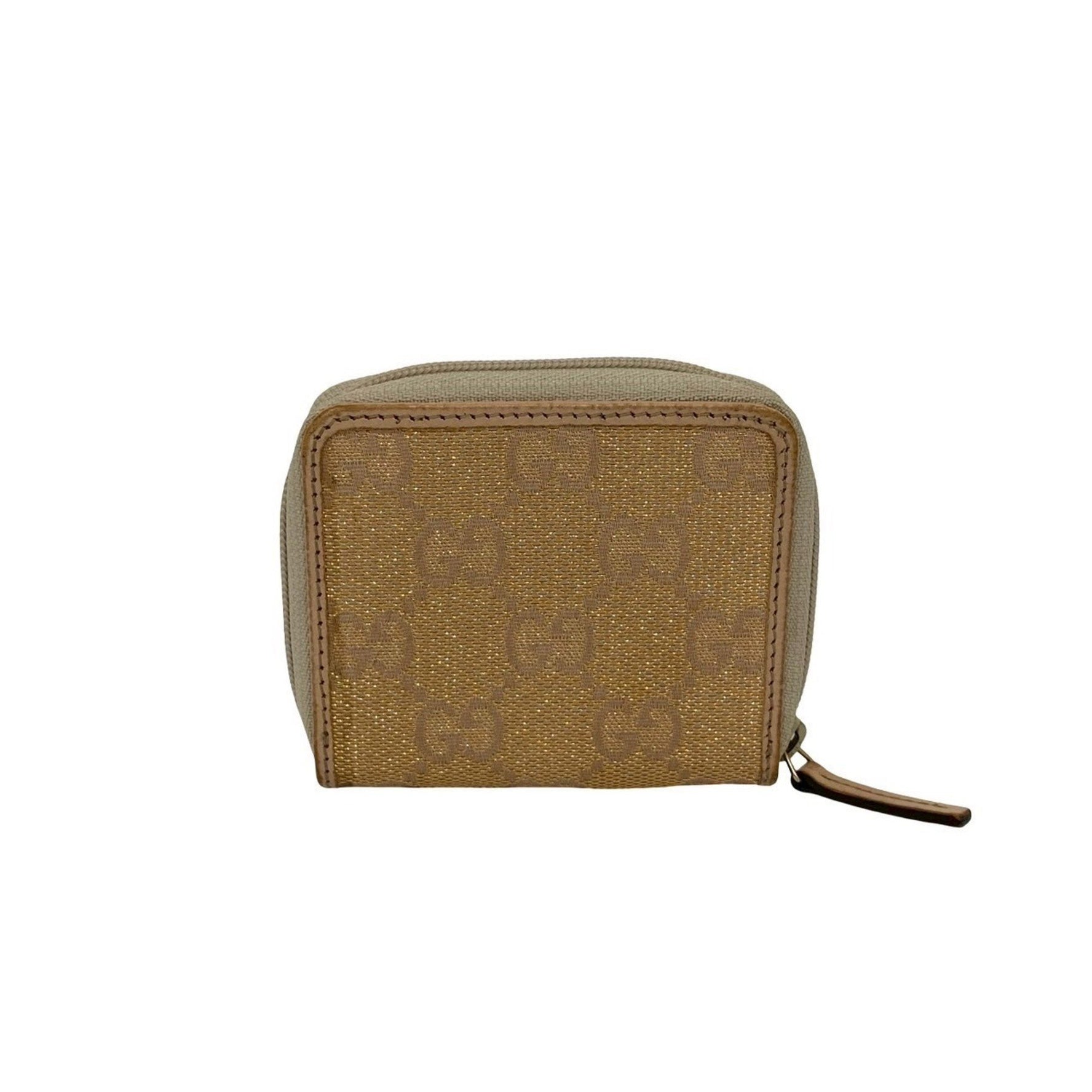 GUCCI GG pattern logo metal hardware canvas and leather round zip coin case, beige