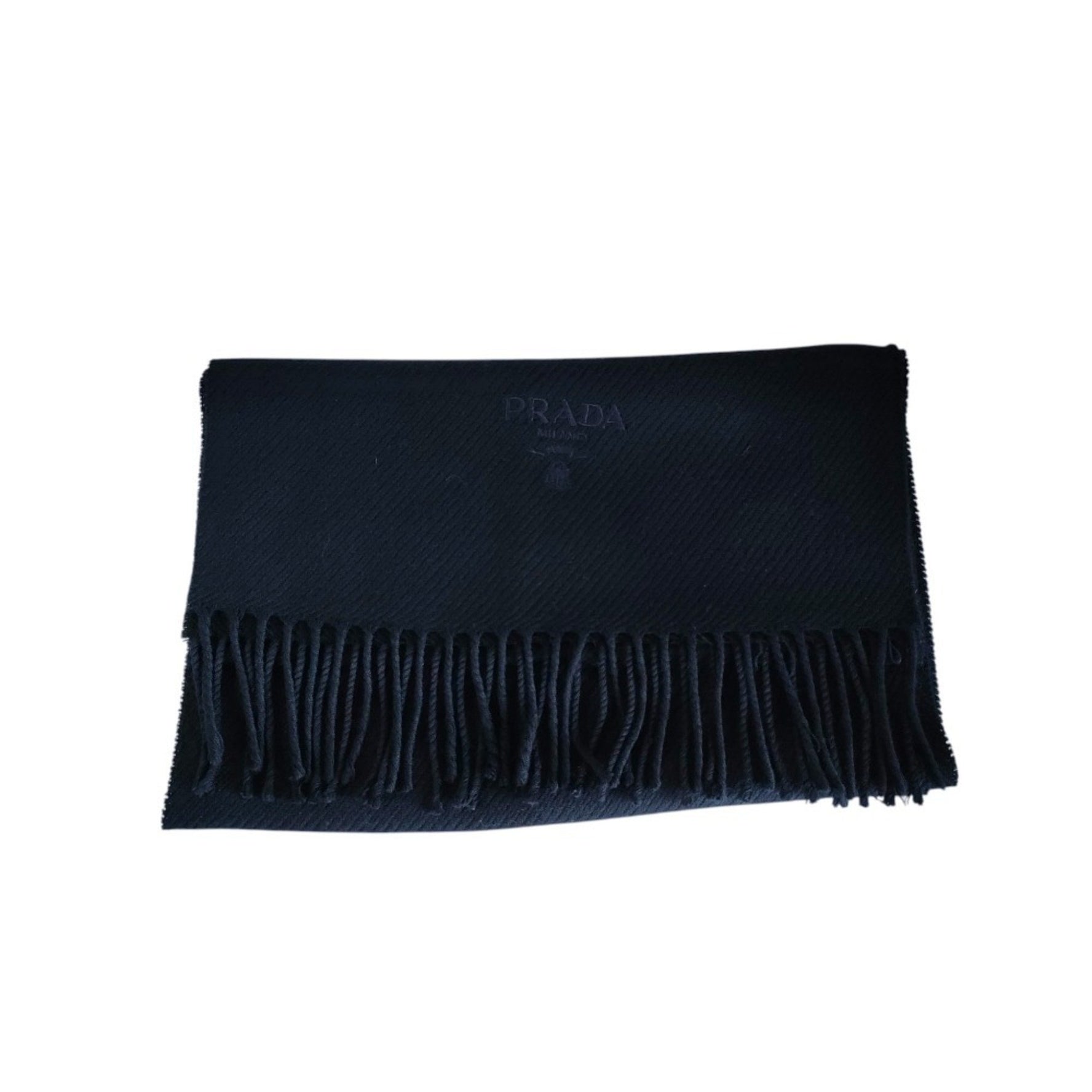 PRADA Prada Wool Logo Embroidered Fringe Scarf, Navy, Women's
