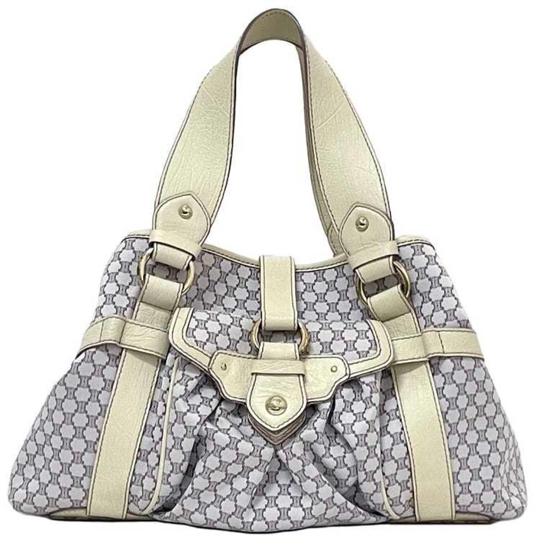 Celine Micro Tote Bag in White and Purple Pastel Macadam Canvas Leather with Belt Flap.