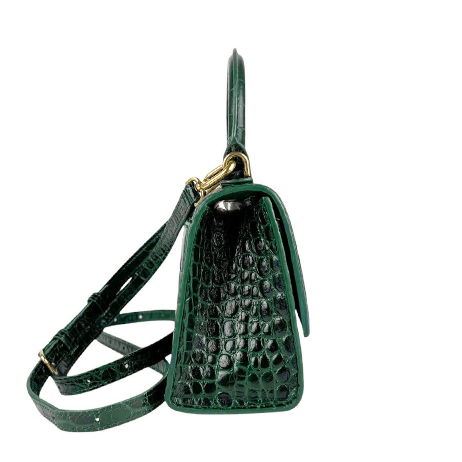 BALENCIAGA Handbag Shoulder Bag Hourglass Top Handle Embossed Leather Dark Green Gold