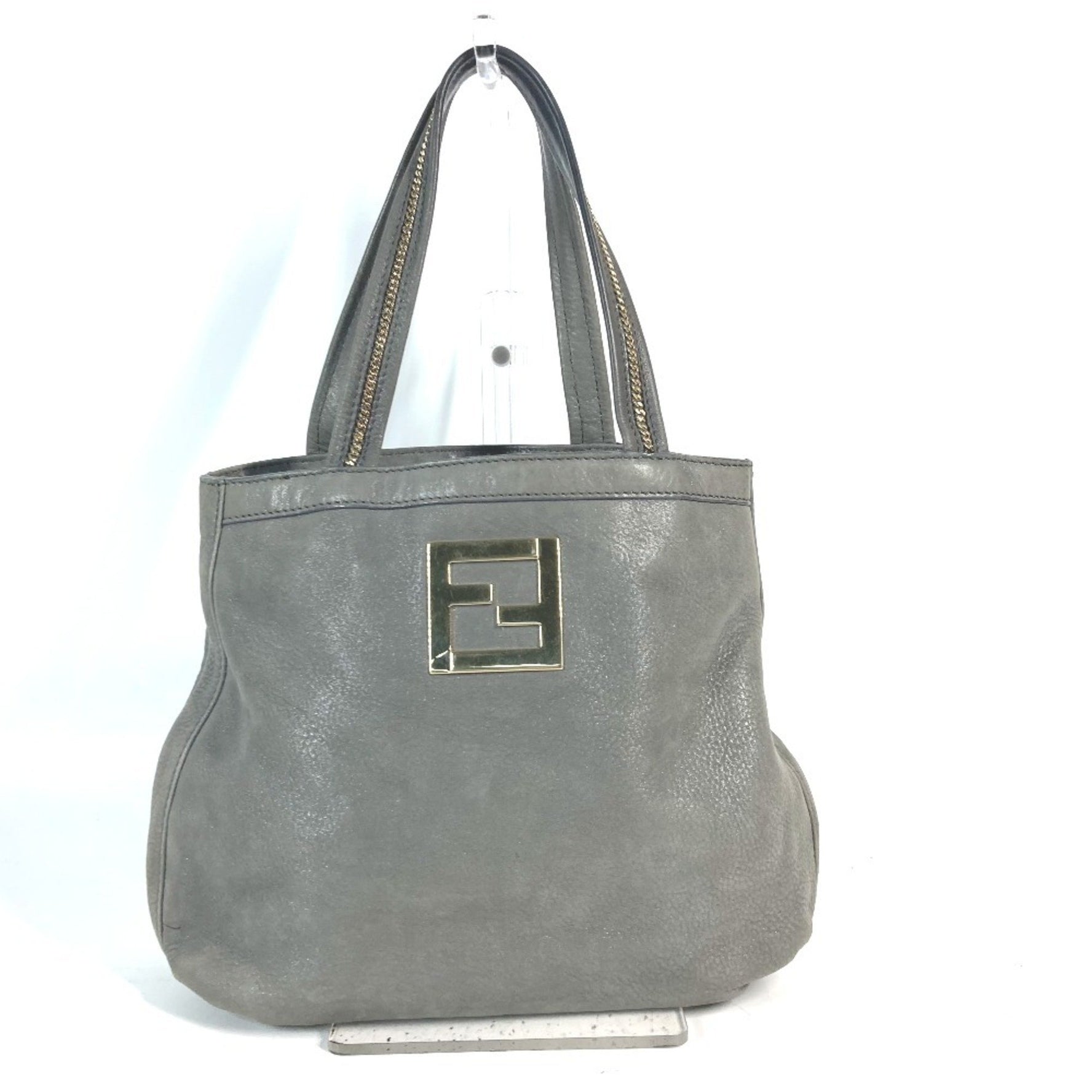 FENDI Tote Bag FF Chain Shoulder Leather Grey