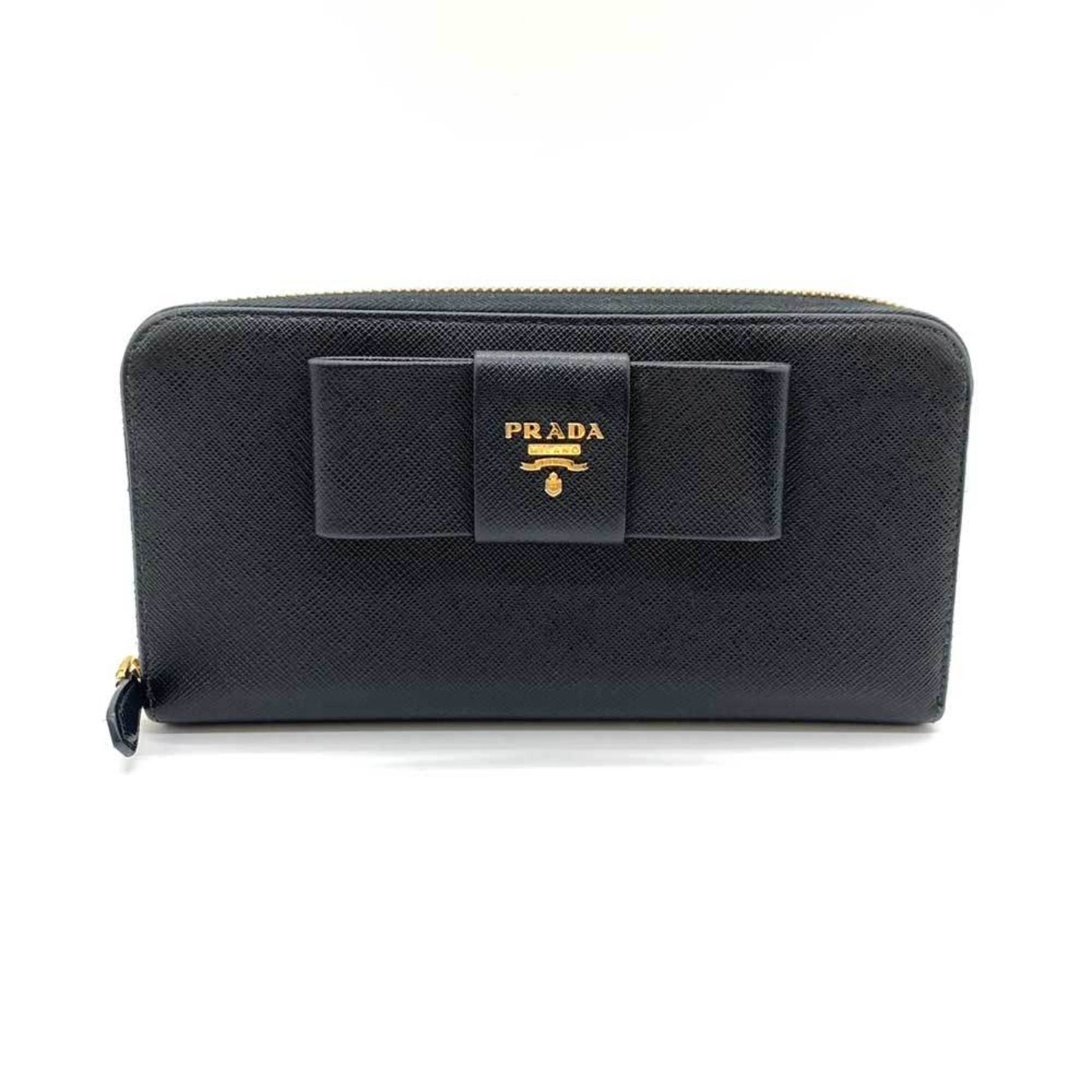 Prada Wallet Long Round Nero Ribbon Saffiano Leather