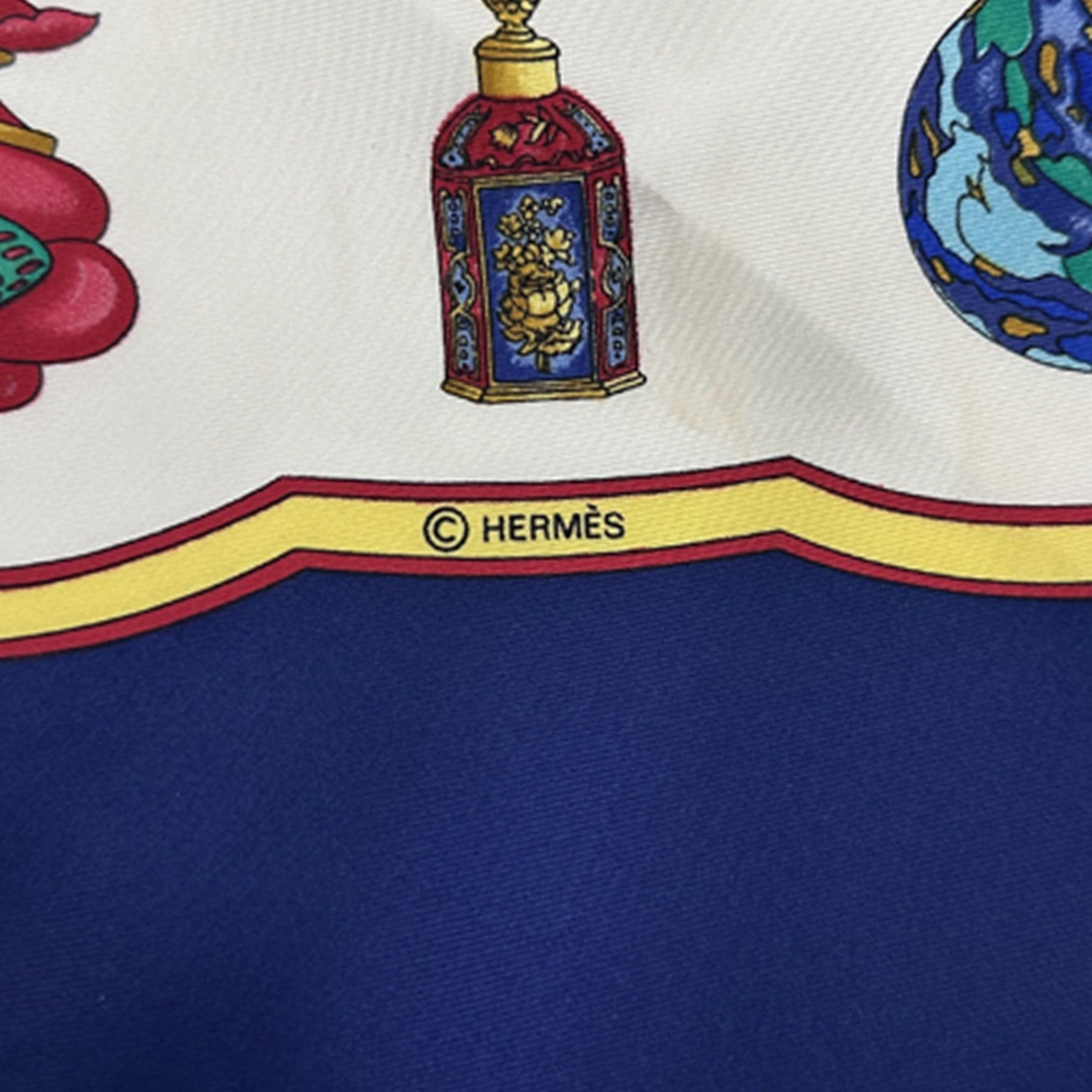 Hermes Hermès Petit Carré scarf/muffler brand QU IMPORTE LE FLACON perfume bottle, silk, blue, yellow, red, 45