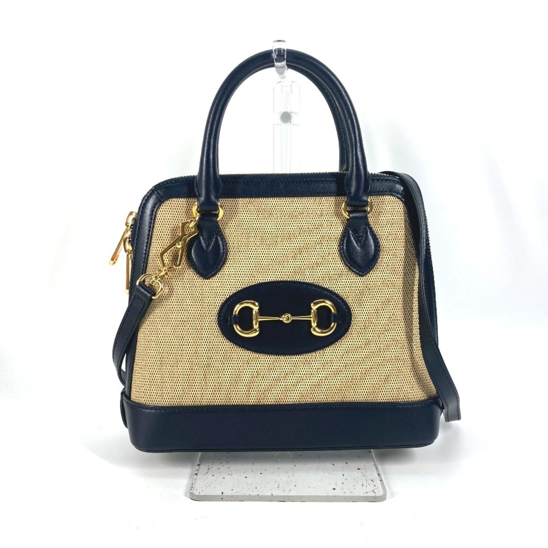 GUCCI Horsebit 1955 Small Top Handle Shoulder/Handbag, Canvas/Leather, Beige/Dark Navy, Like New