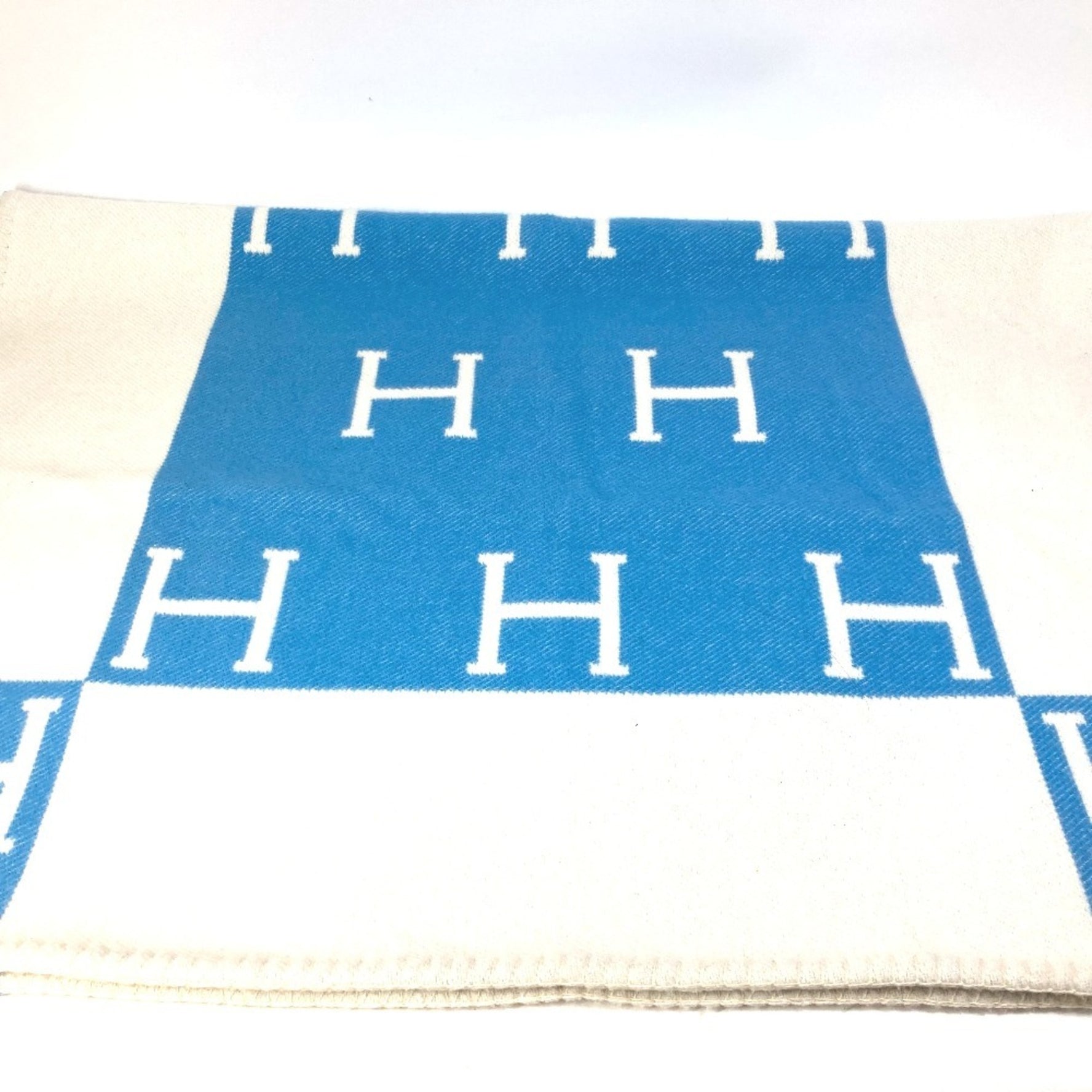 HERMES Plaid Avalon Blanket Wool Cashmere Kids Blue