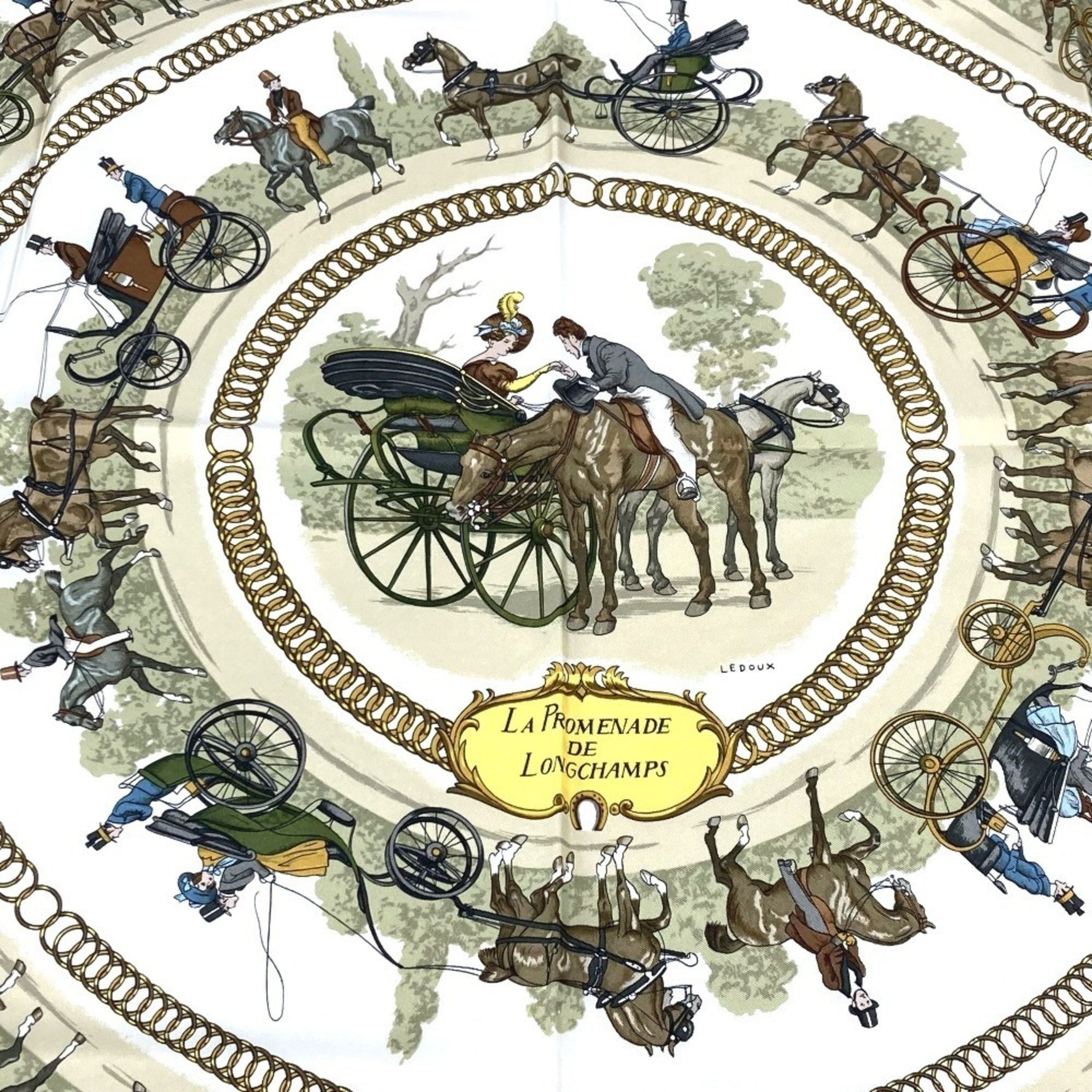 HERMES Carré 90 LA PROMENADE DE LONGCHAMPS Stroll to Longchamps Silk Scarf