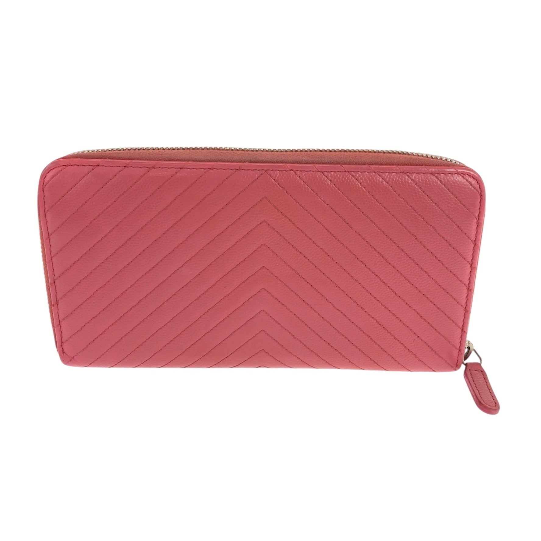 CHANEL V Chevron Stitch Coco Mark Gold Hardware Caviar Skin Long Wallet Round Zipper