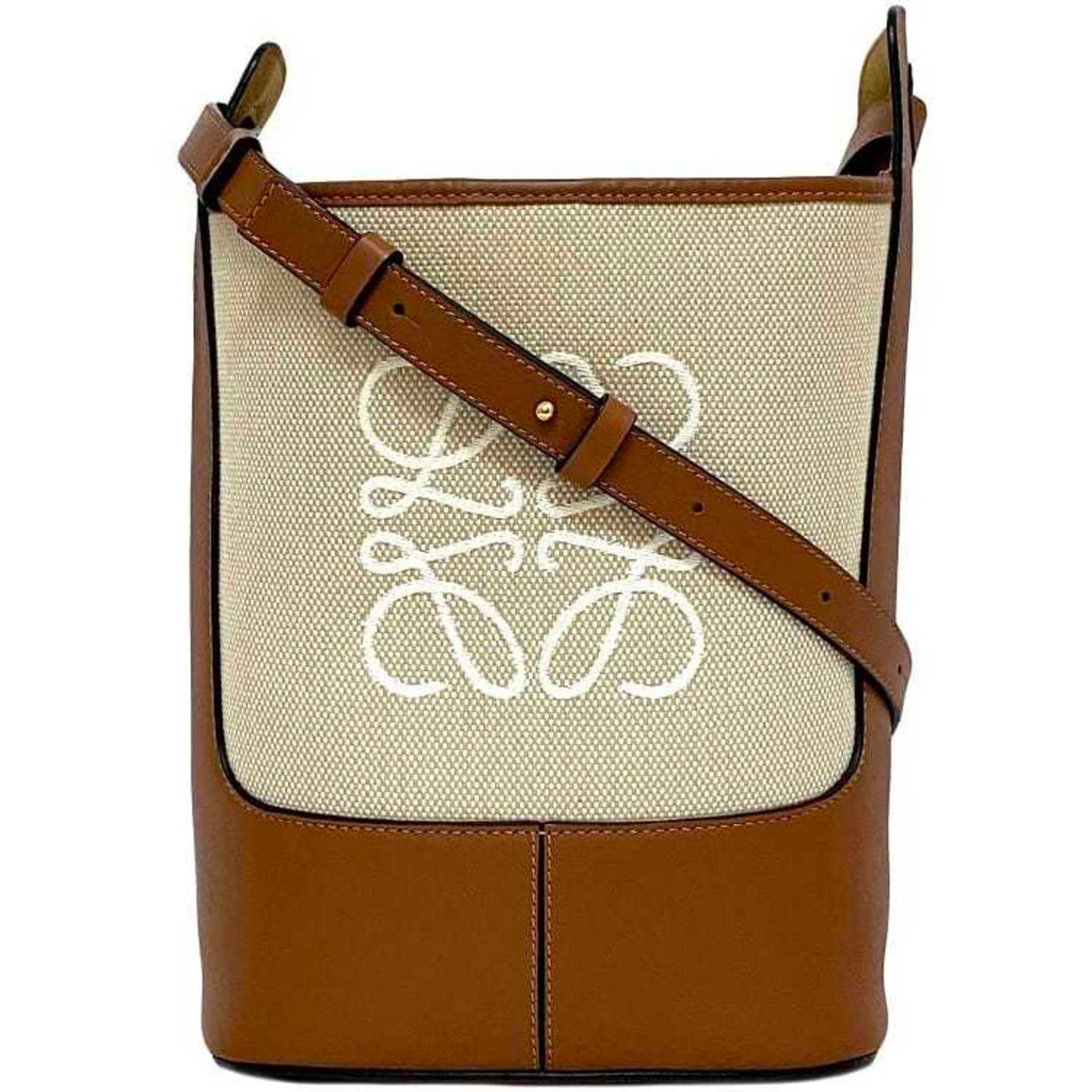 LOEWE Shoulder Bag Brown Beige Anagram Bucket Hobo Canvas Leather Embroidered Freestanding