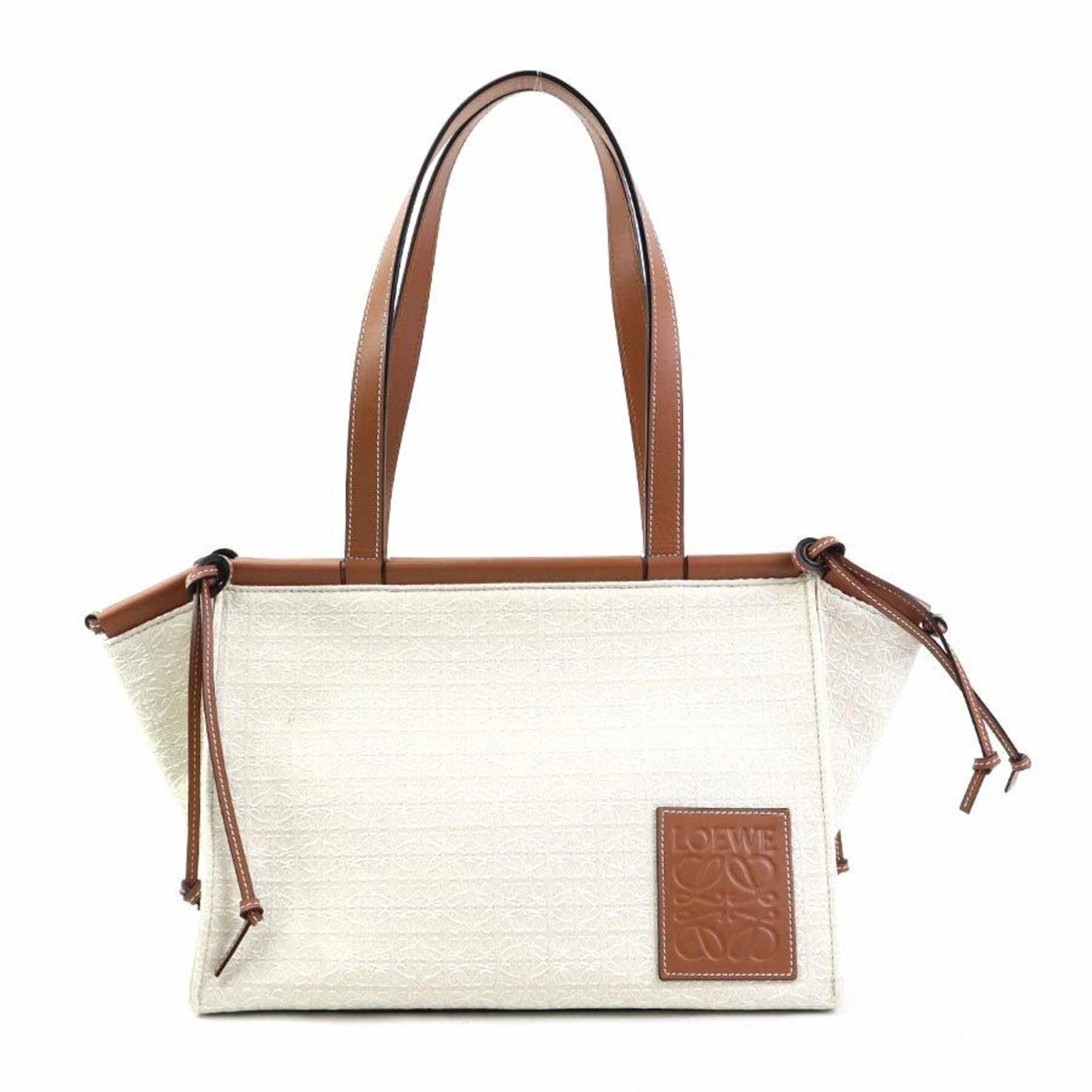 LOEWE Shoulder Bag Cushion Tote Small Canvas Leather Beige x Brown