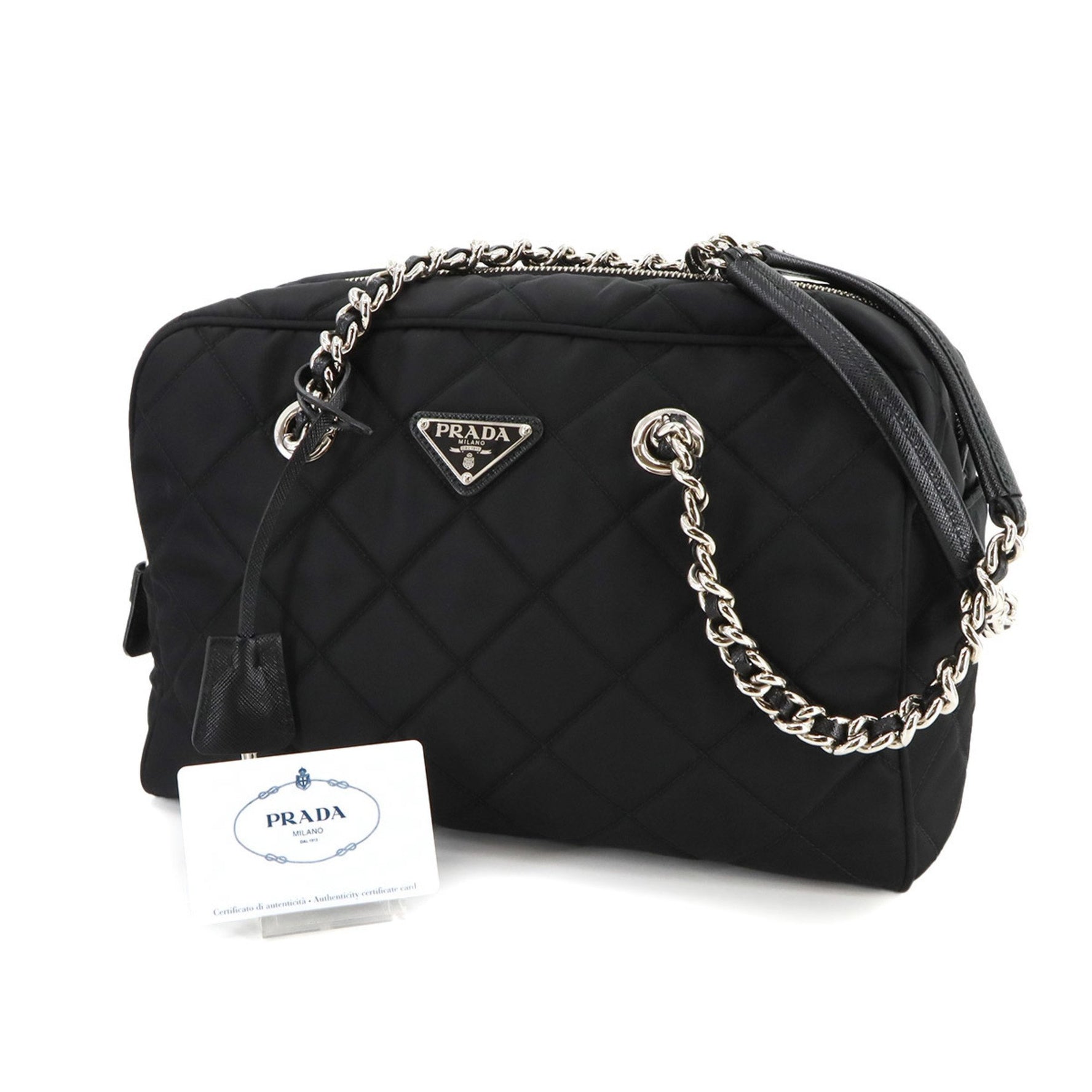 Prada Chain Shoulder Bag, Quilted Nylon, Saffiano Leather, Nero Silver Hardware, 1BB903