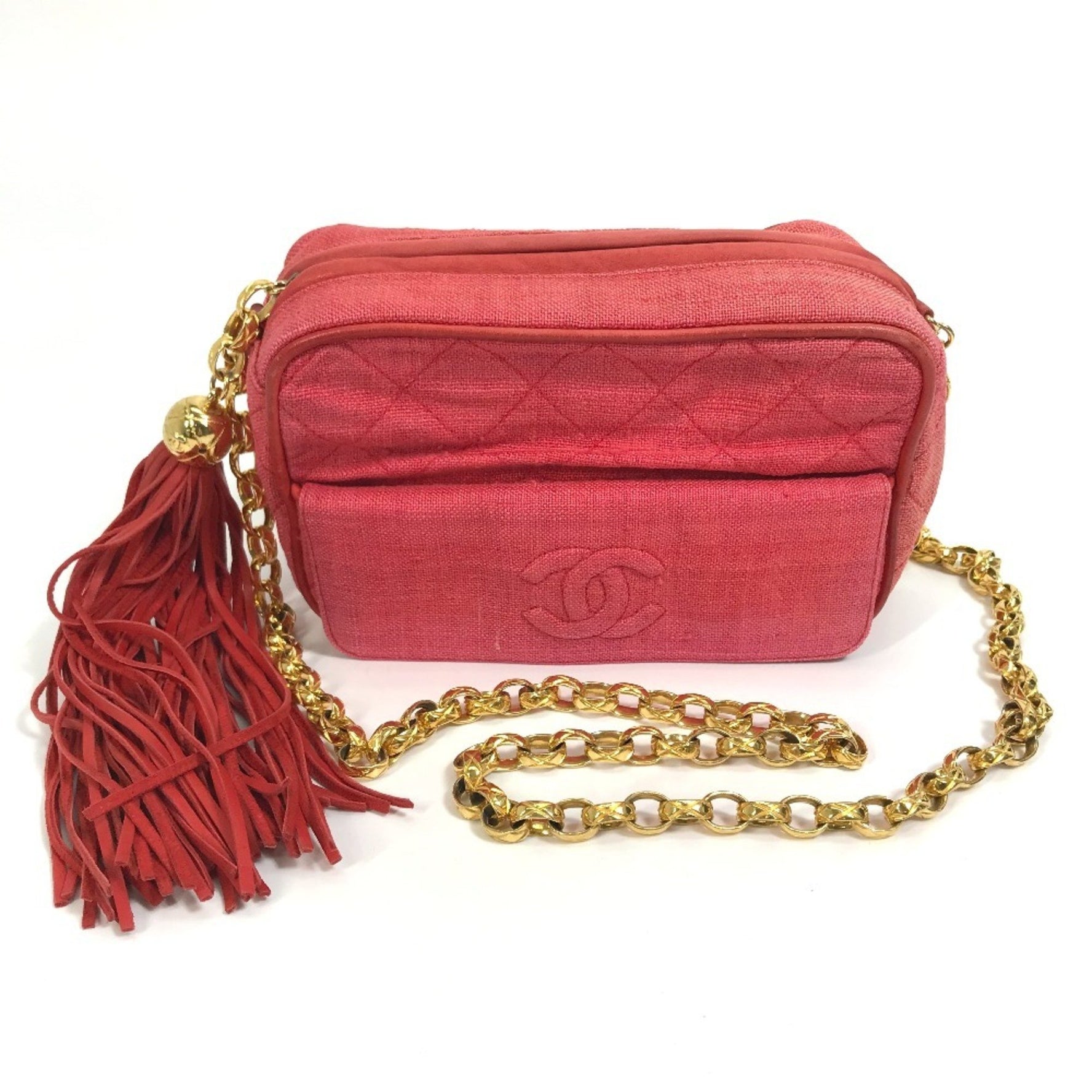 CHANEL CC Coco Mark Matelasse Quilted Fringe Tassel Canvas Shoulder Bag Red and Gold Hardware