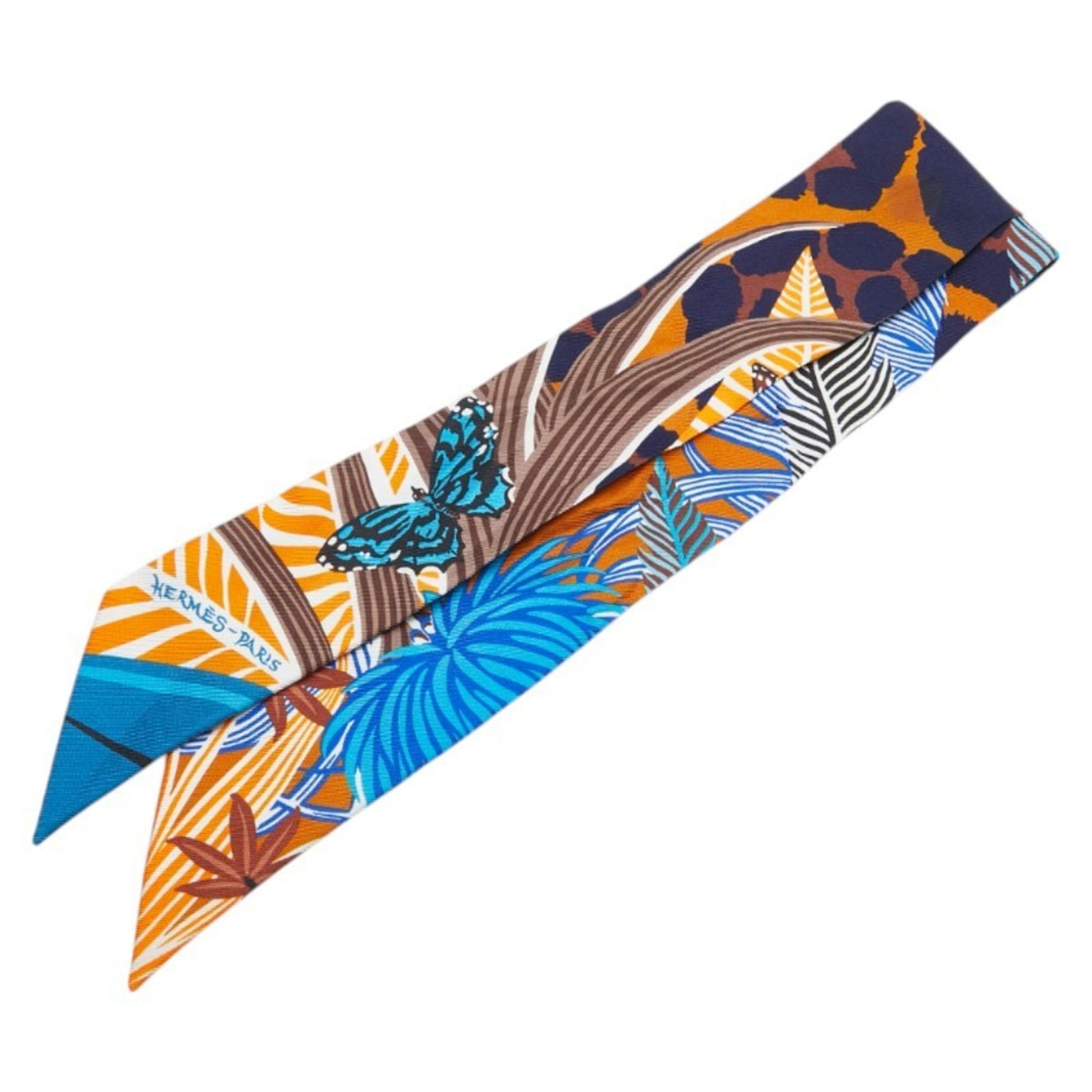 Hermes Twilly Jaguar Quetzal Scarf Muffler Light Blue Multicolor Silk