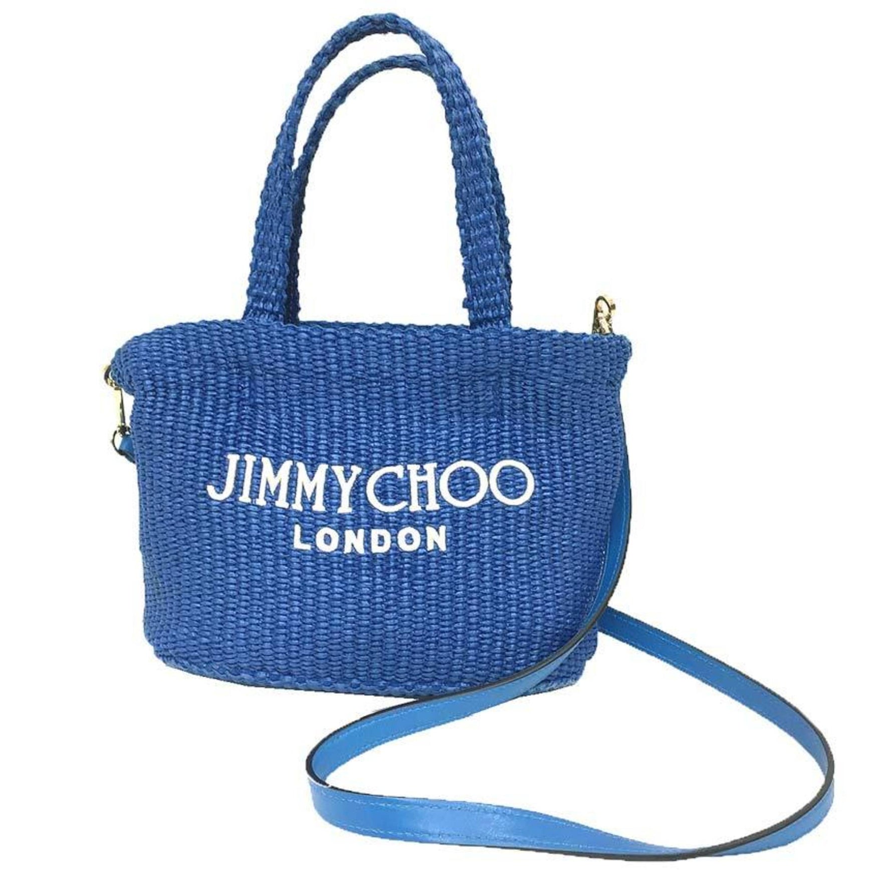 Jimmy Choo BEACH TOTE E/W MINI JYN Shoulder Bag in Sky and Latte Raffia.