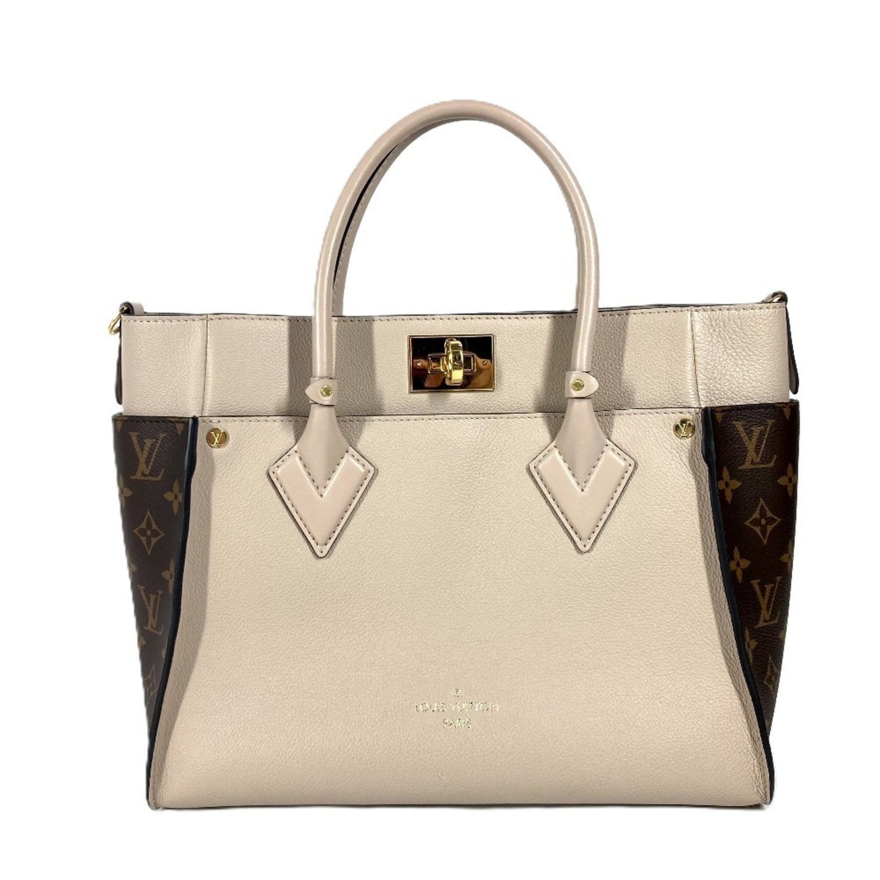 Louis Vuitton Monogram On My Side MM Shoulder Bag Handbag Calf Leather Canvas Greige Beige