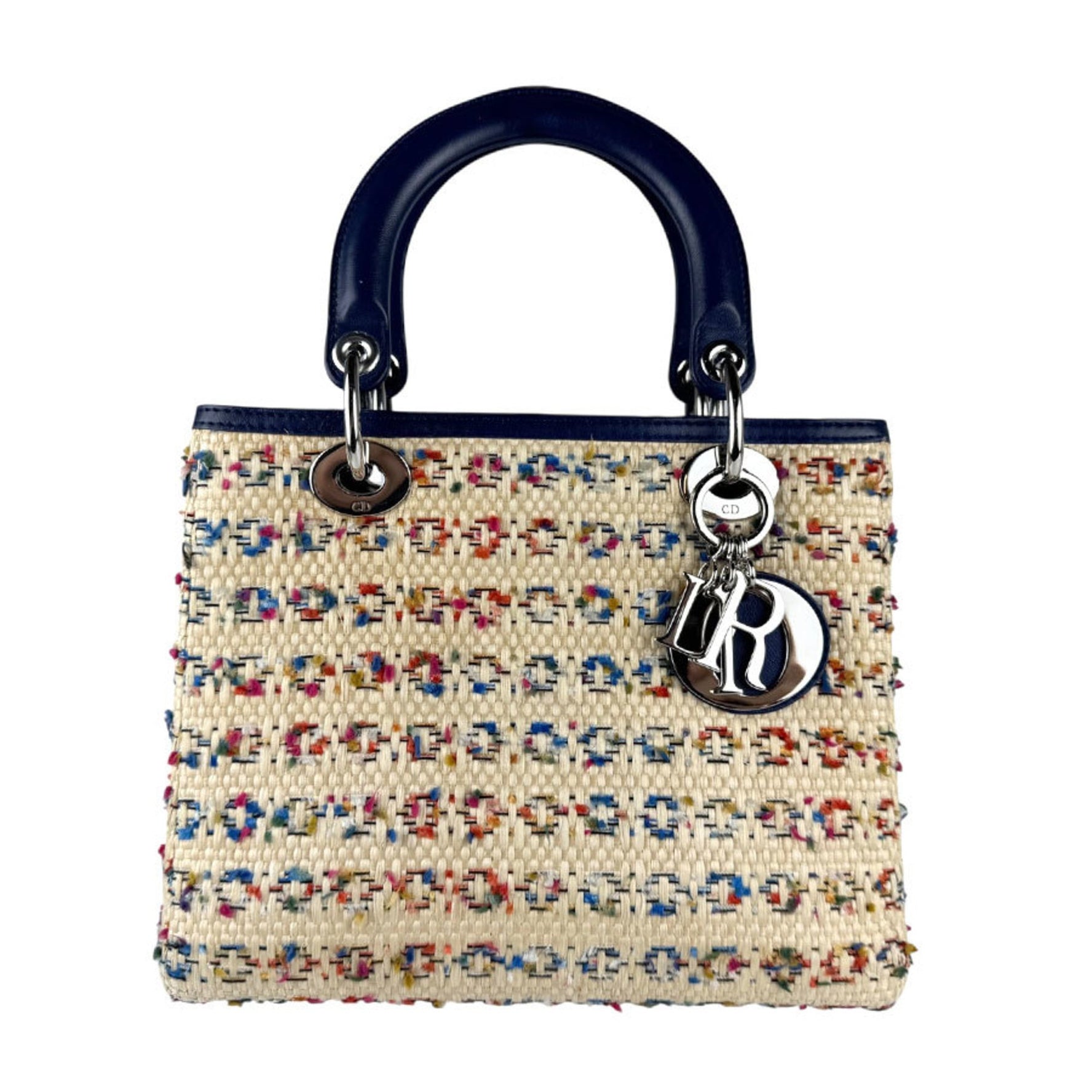 Christian Dior Lady handbag/shoulder bag in raffia and leather, beige, multicolor, navy, silver
