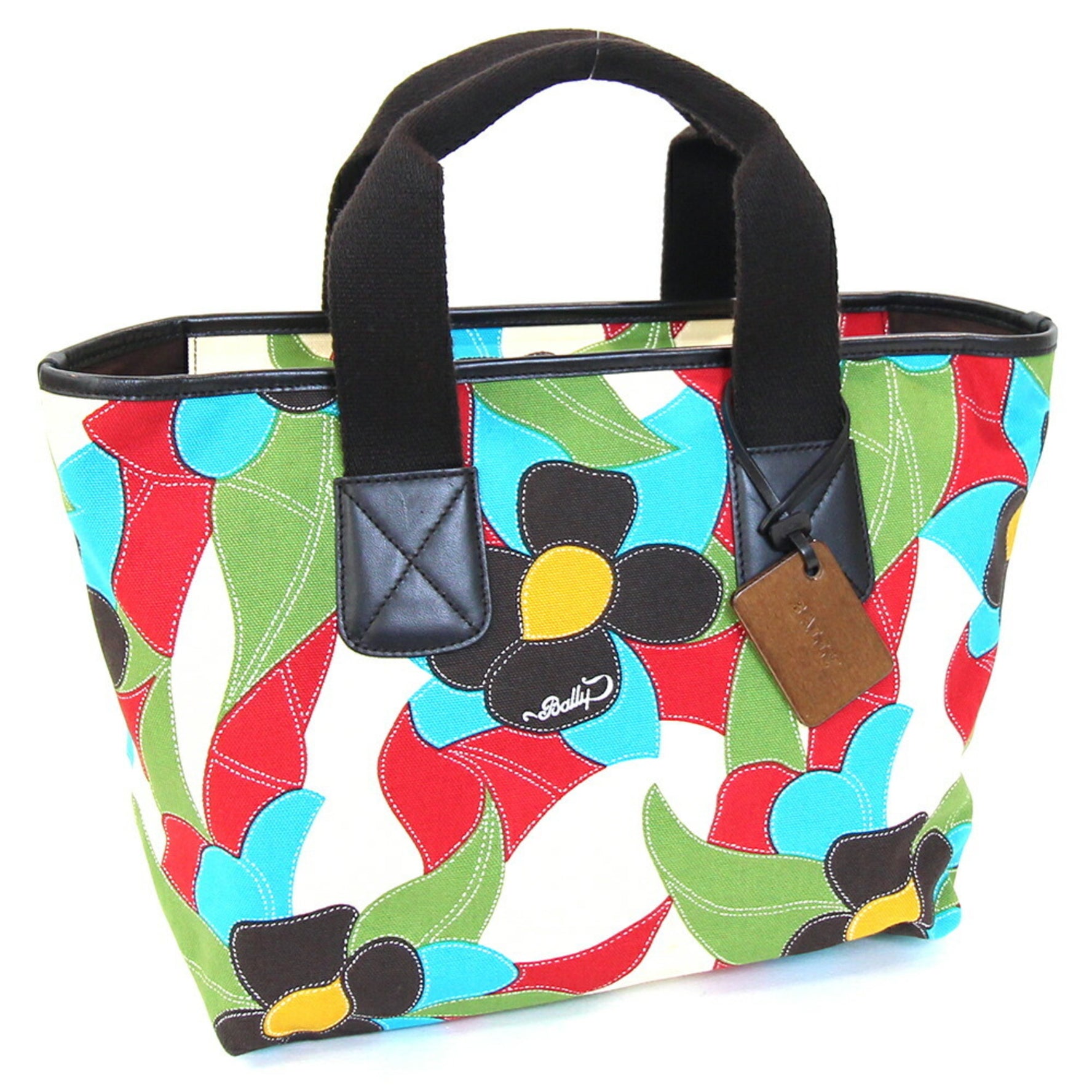 BALLY Handbag Dark Brown Multicolor Canvas Leather Tote Bag Flower